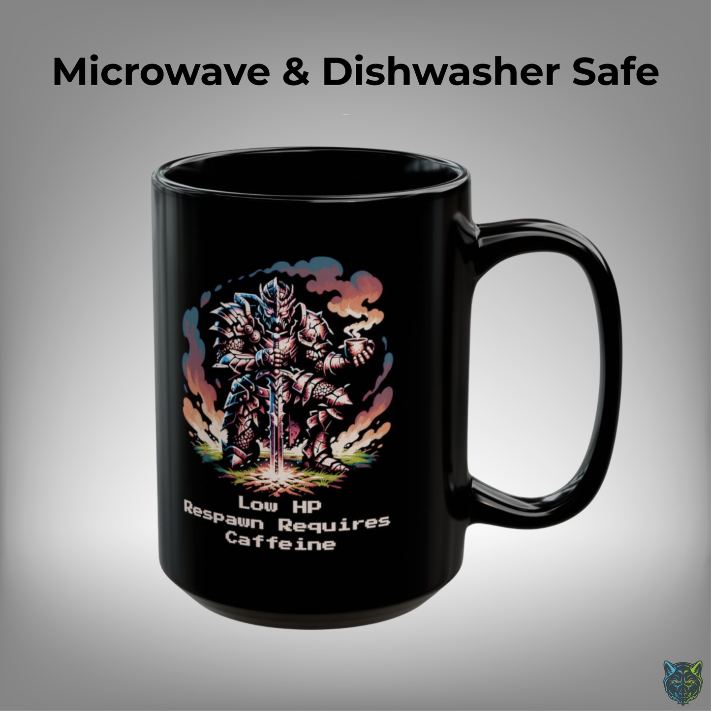 Gaming Coffee Mug Low HP Respawn Requires Caffeine Knight Design Black Ceramic 15oz Gamer Gift by Lair Gadgets