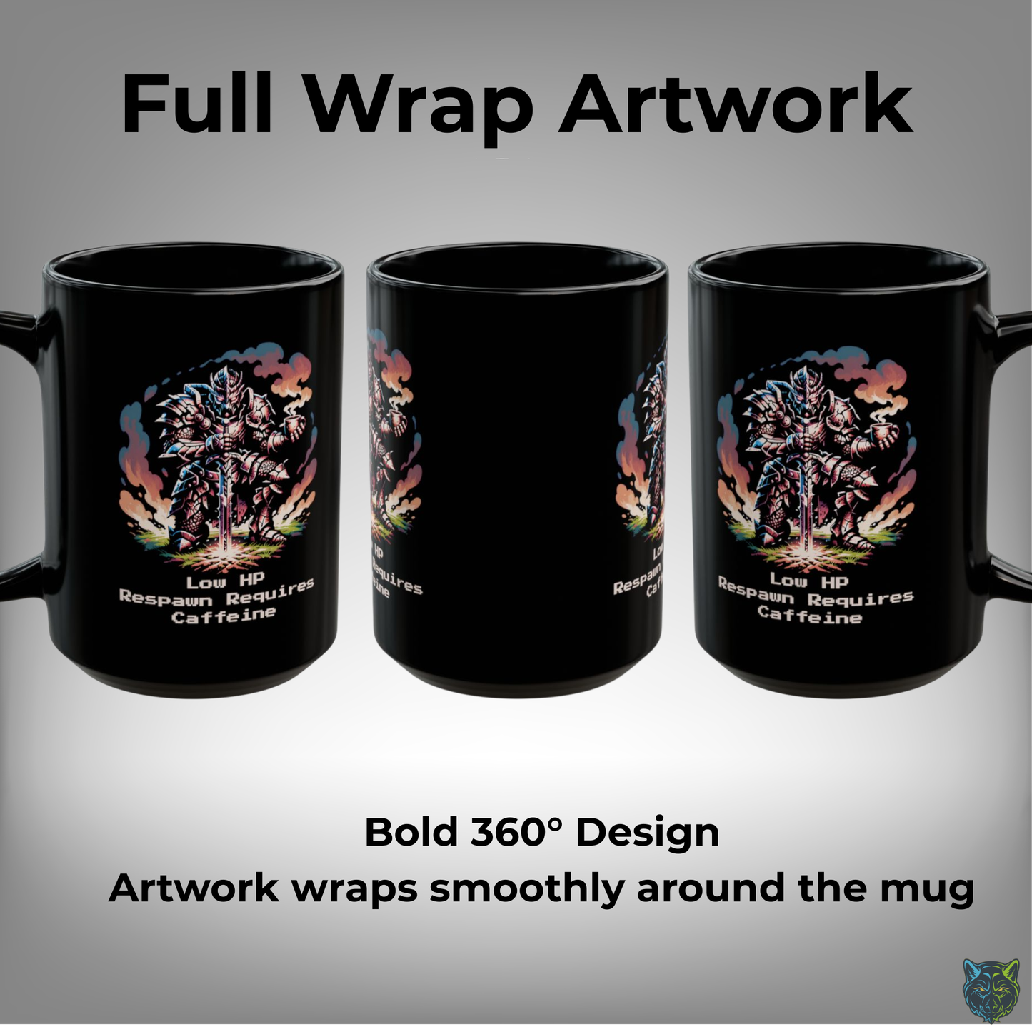 Gaming Coffee Mug Low HP Respawn Requires Caffeine Knight Design Black Ceramic 15oz Gamer Gift by Lair Gadgets