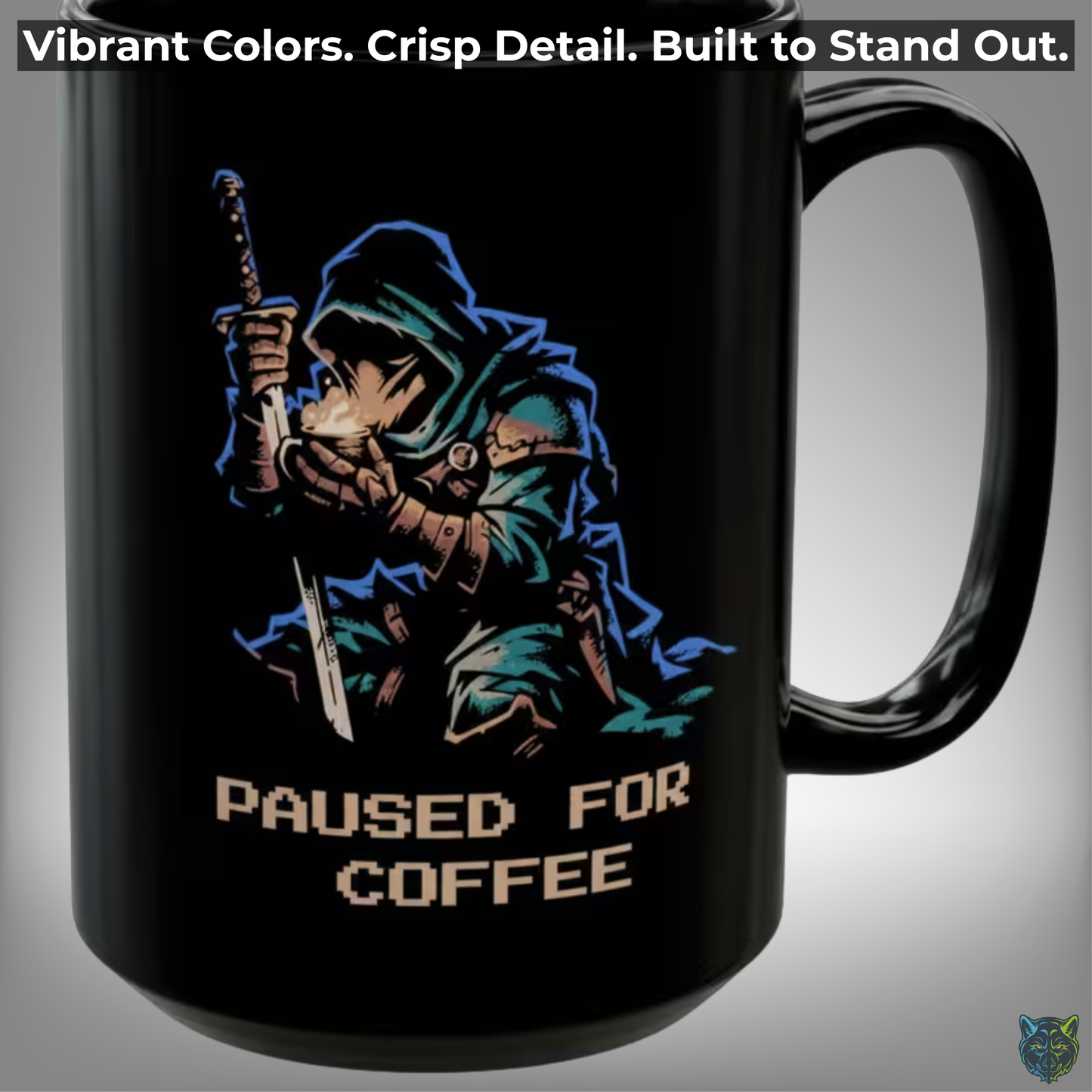 Gamer Coffee Mug Paused for Coffee Rogue Design Black Ceramic 15oz Gaming Gift by Lair Gadgets