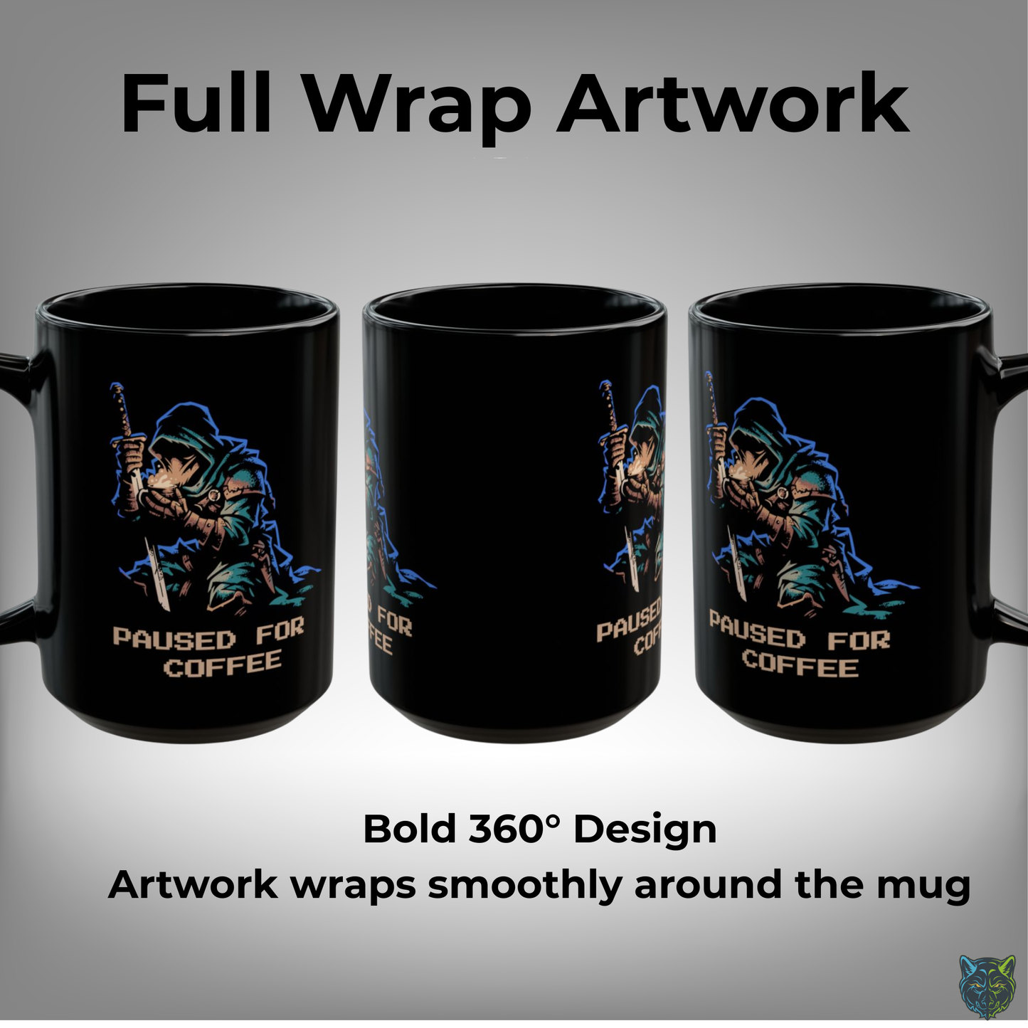 Gamer Coffee Mug Paused for Coffee Rogue Design Black Ceramic 15oz Gaming Gift by Lair Gadgets