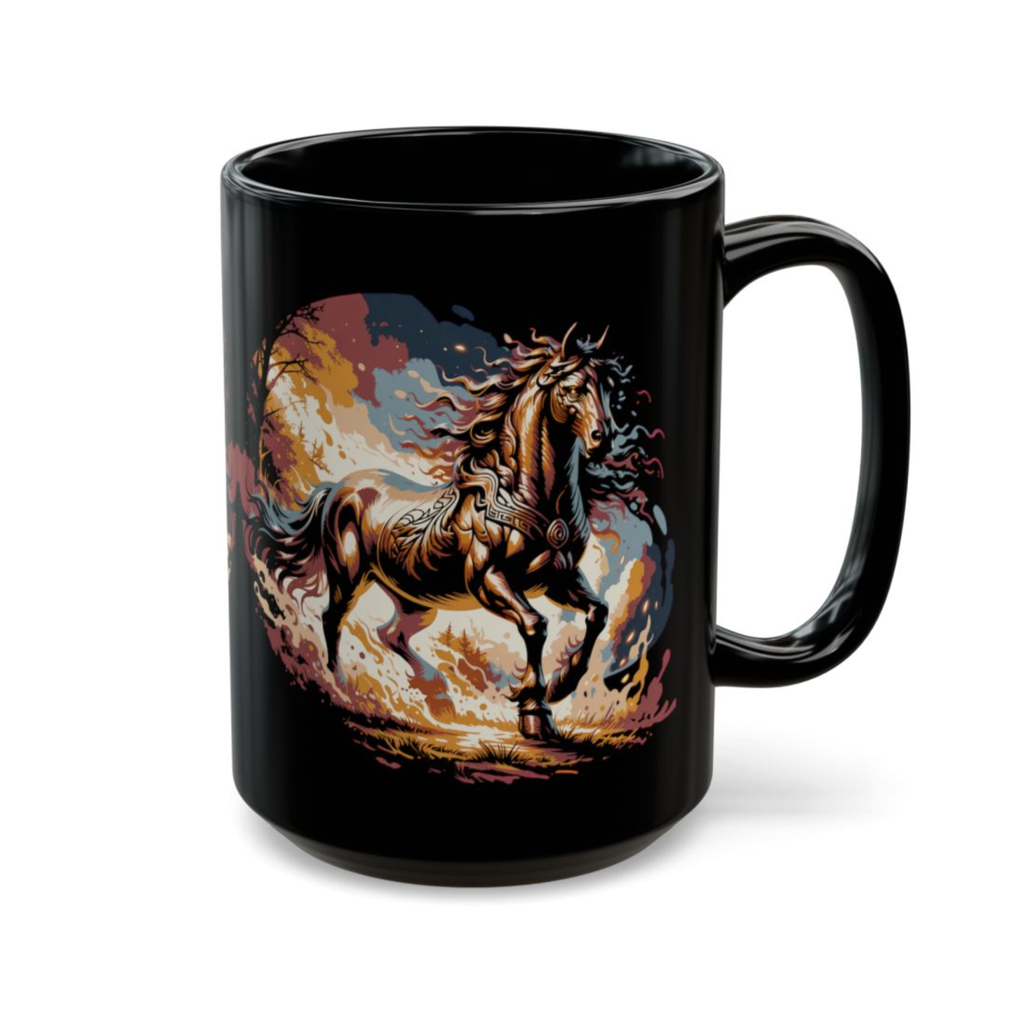 Horse Coffee Mug Running Horse Sunset Design Black Ceramic 15oz Equestrian Gift by Lair Gadgets