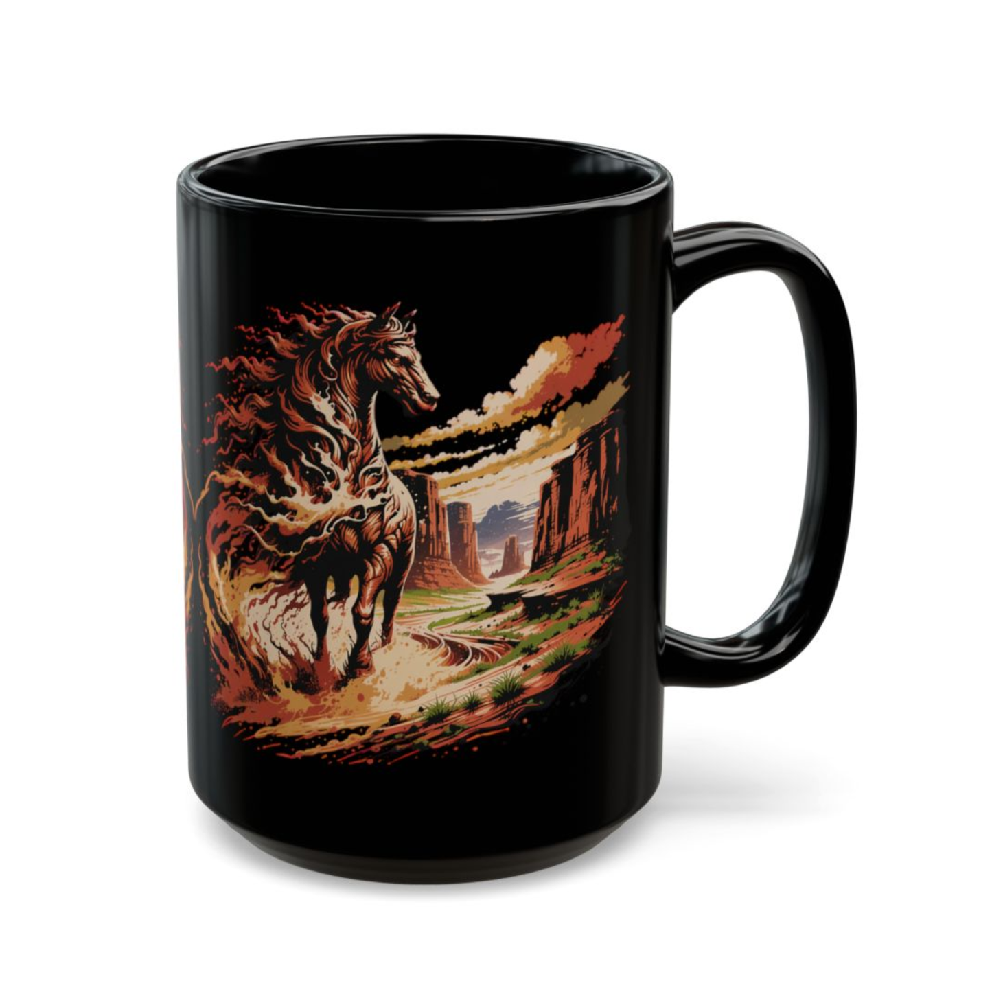 Western Horse Coffee Mug Canyon Running Horse Design Black Ceramic 15oz Ranch Gift by Lair Gadgets