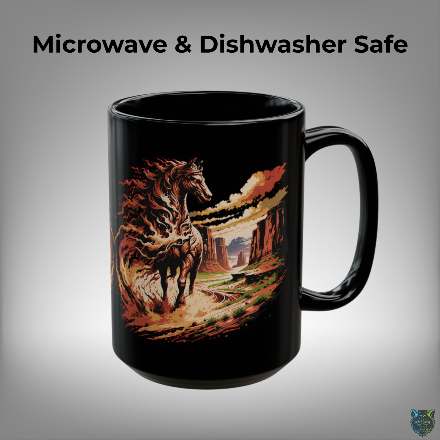 Western Horse Coffee Mug Canyon Running Horse Design Black Ceramic 15oz Ranch Gift by Lair Gadgets