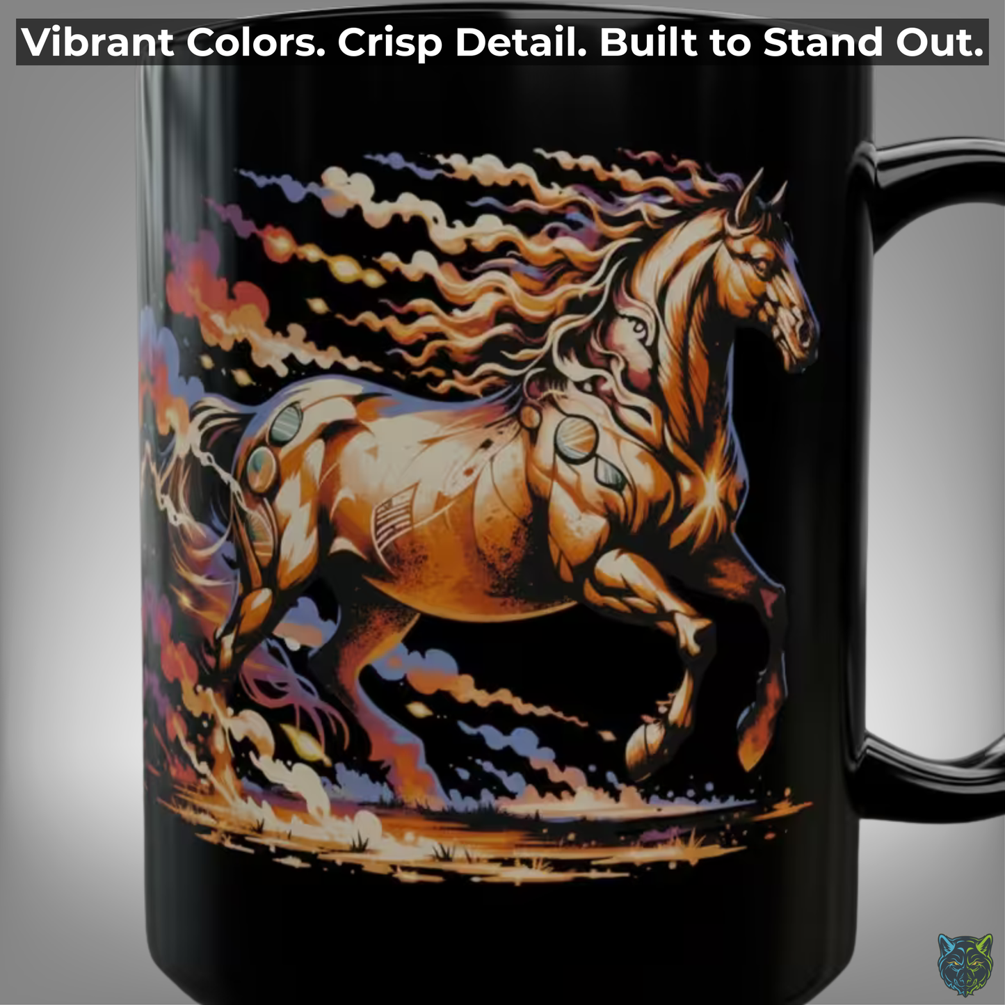 Horse Coffee Mug Running Fire Horse Ceramic Coffee Cup 15oz Black Western Style Gift for Horse Lovers by Lair Gadgets
