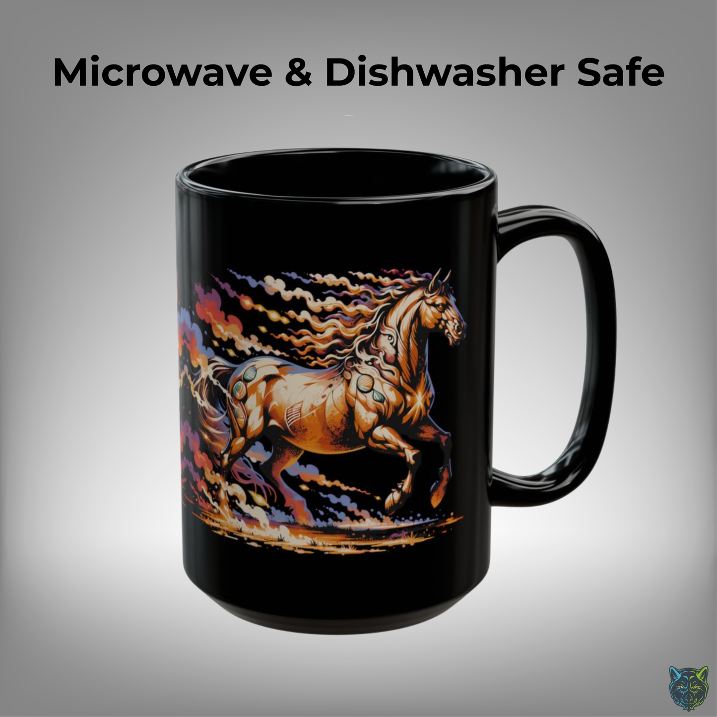 Horse Coffee Mug Running Fire Horse Ceramic Coffee Cup 15oz Black Western Style Gift for Horse Lovers by Lair Gadgets