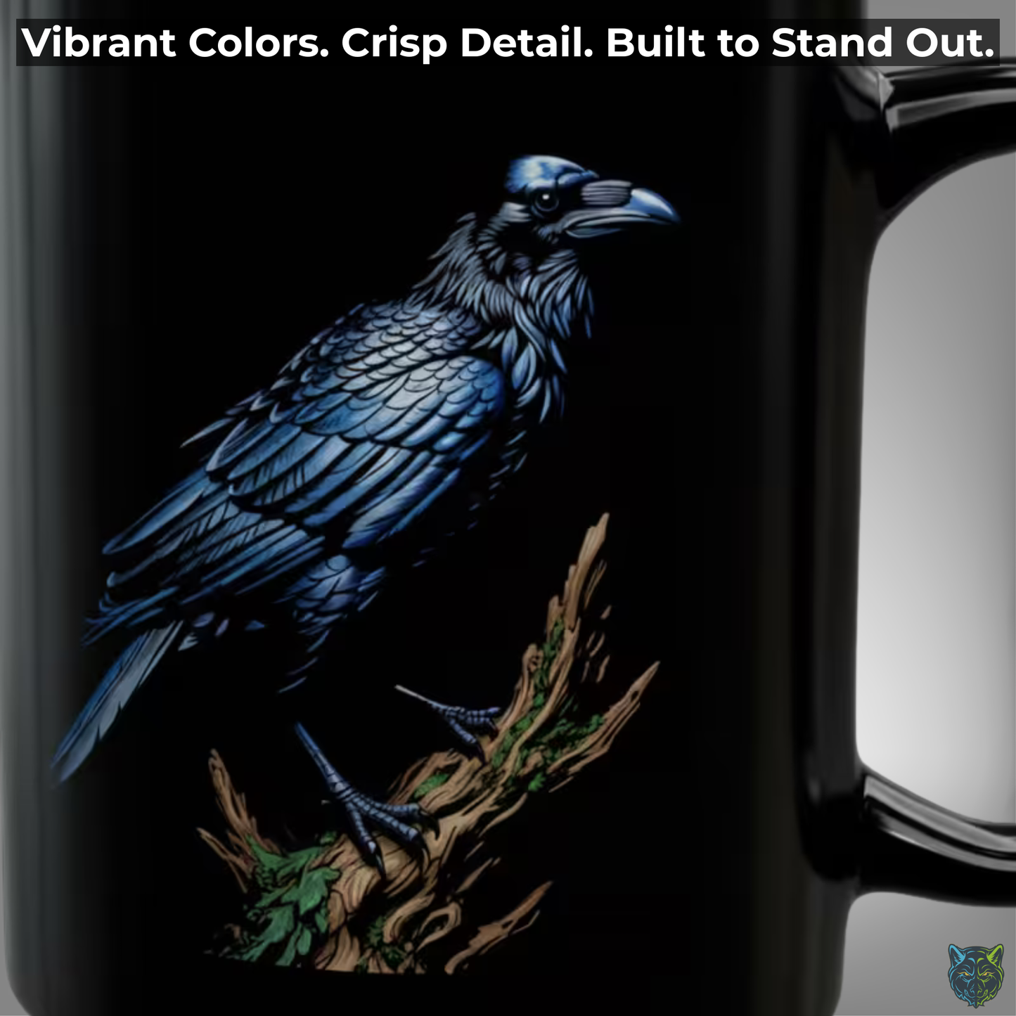 Raven Coffee Mug Dark Bird Illustration Black Ceramic 15oz Gothic Nature Design by Lair Gadgets