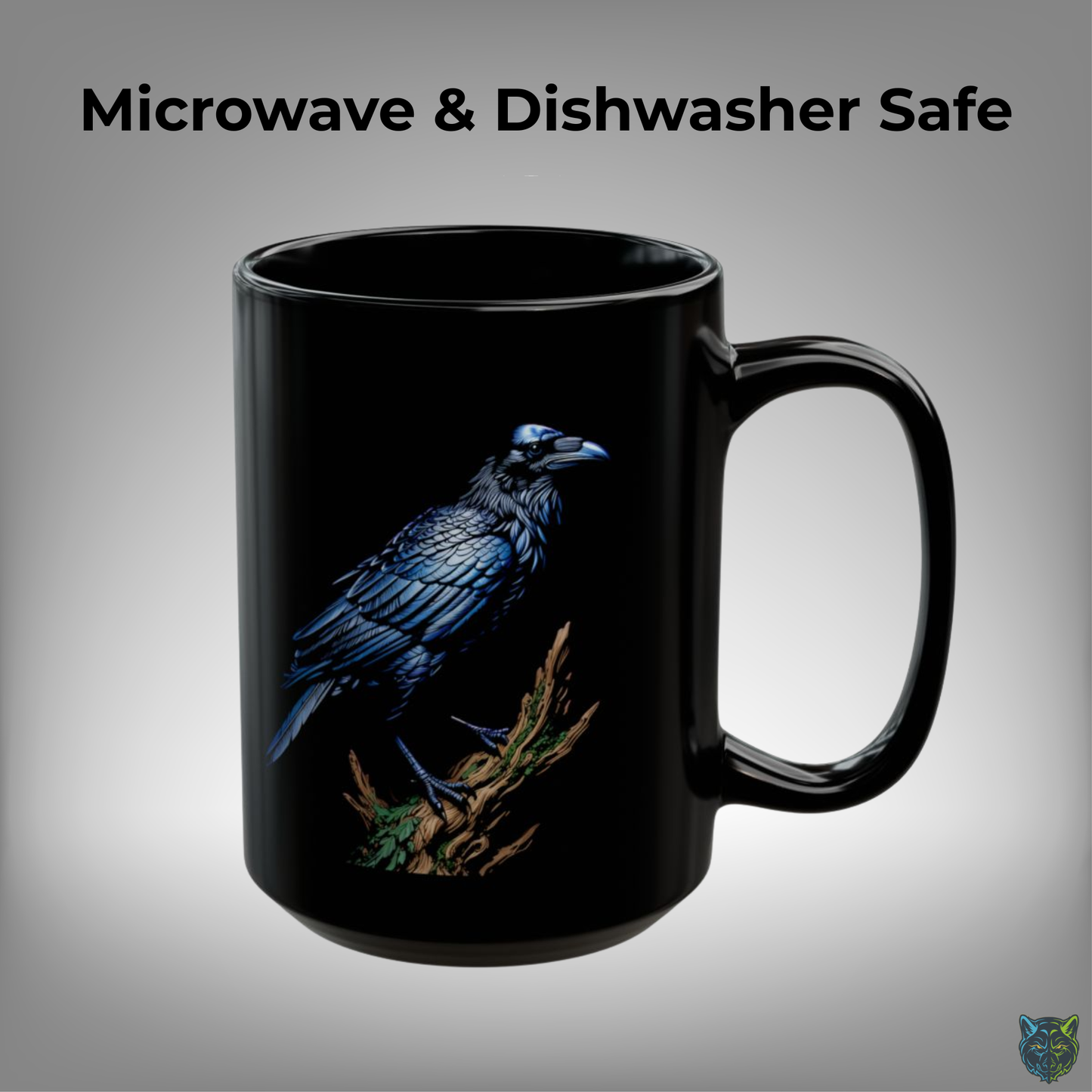 Raven Coffee Mug Dark Bird Illustration Black Ceramic 15oz Gothic Nature Design by Lair Gadgets