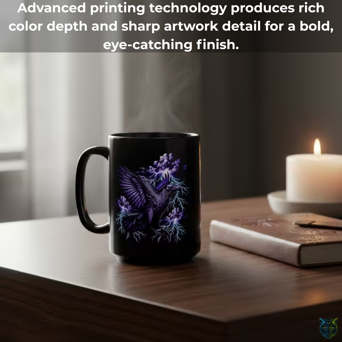 Raven Coffee Mug Lightning Storm Bird Black Ceramic 15oz Gothic Fantasy Design by Lair Gadgets