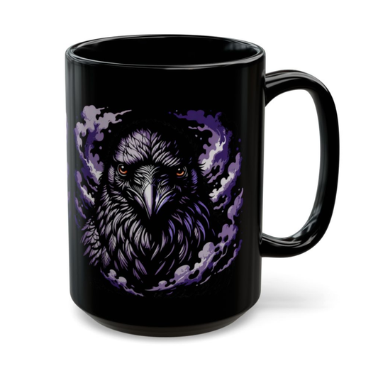 Raven Coffee Mug Dark Bird Portrait Black Ceramic 15oz Gothic Smoke Design by Lair Gadgets