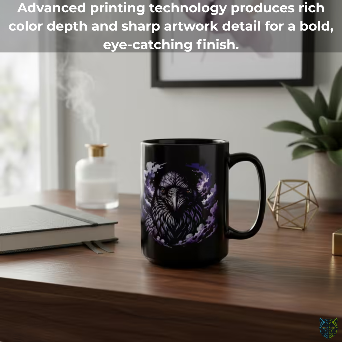 Raven Coffee Mug Dark Bird Portrait Black Ceramic 15oz Gothic Smoke Design by Lair Gadgets