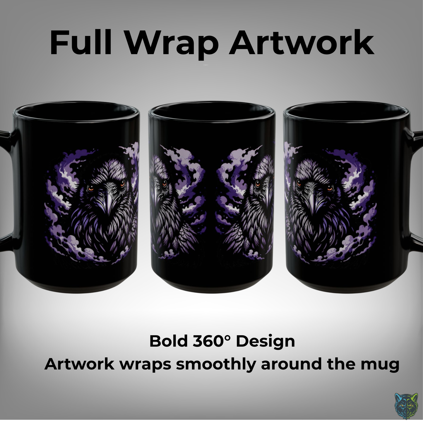 Raven Coffee Mug Dark Bird Portrait Black Ceramic 15oz Gothic Smoke Design by Lair Gadgets