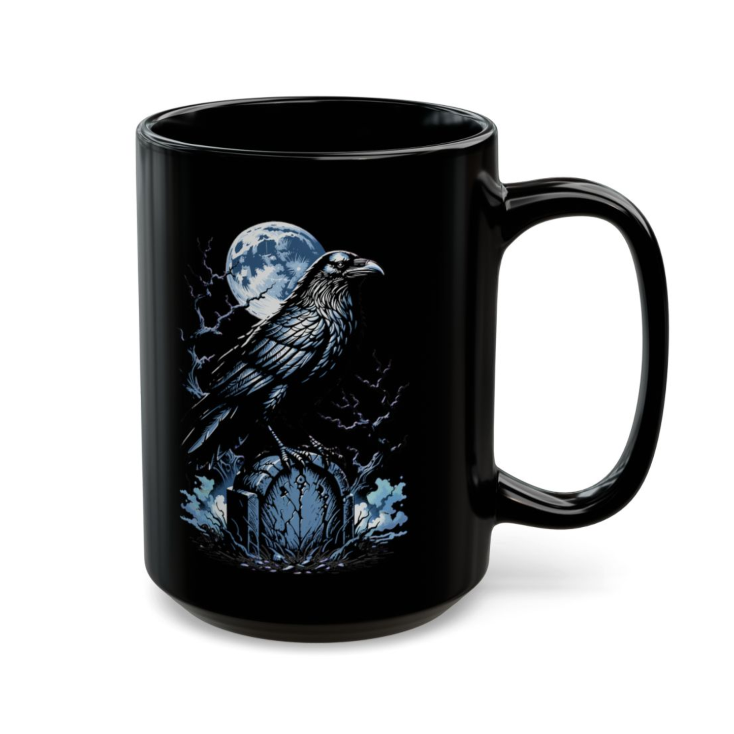 Raven Coffee Mug Moon Graveyard Bird Black Ceramic 15oz Gothic Night Design by Lair Gadgets