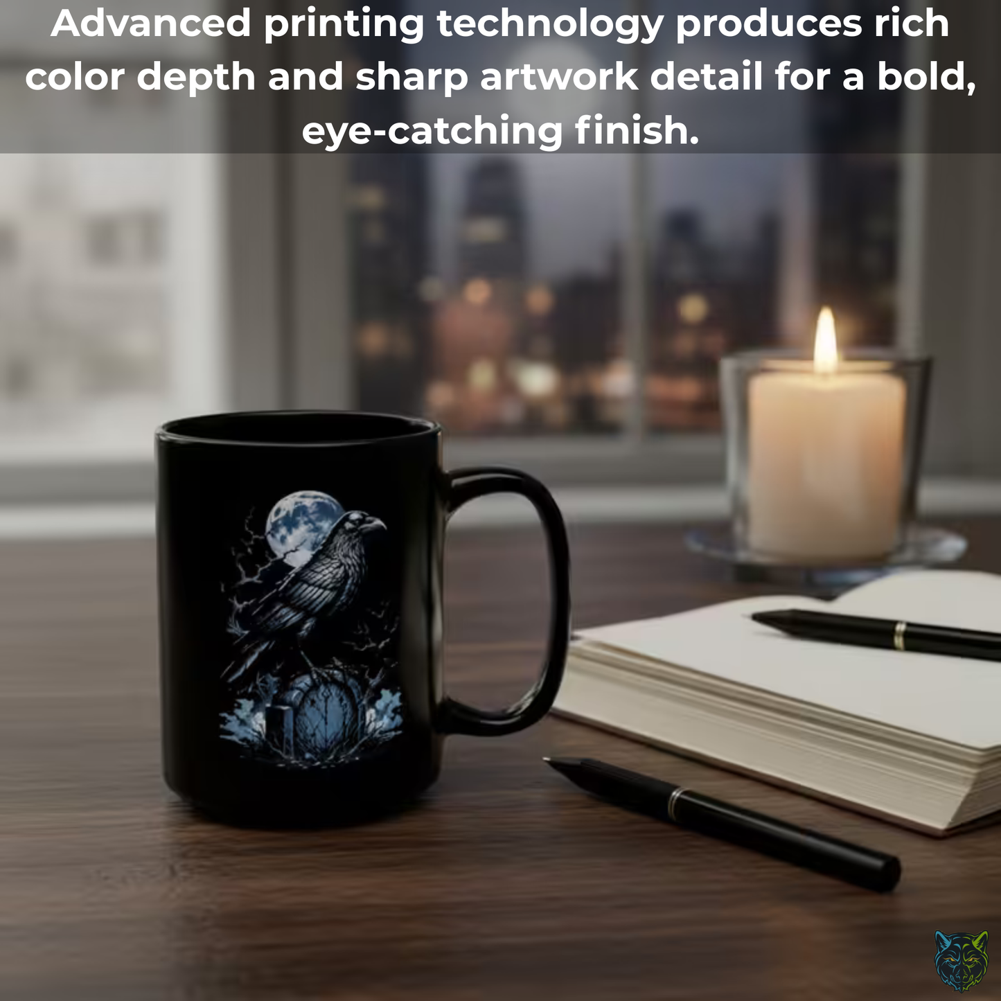 Raven Coffee Mug Moon Graveyard Bird Black Ceramic 15oz Gothic Night Design by Lair Gadgets