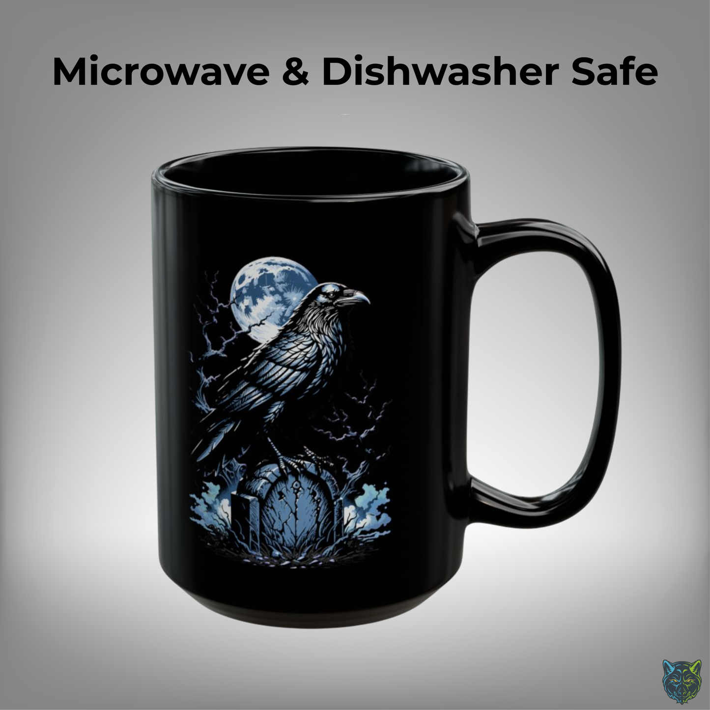Raven Coffee Mug Moon Graveyard Bird Black Ceramic 15oz Gothic Night Design by Lair Gadgets
