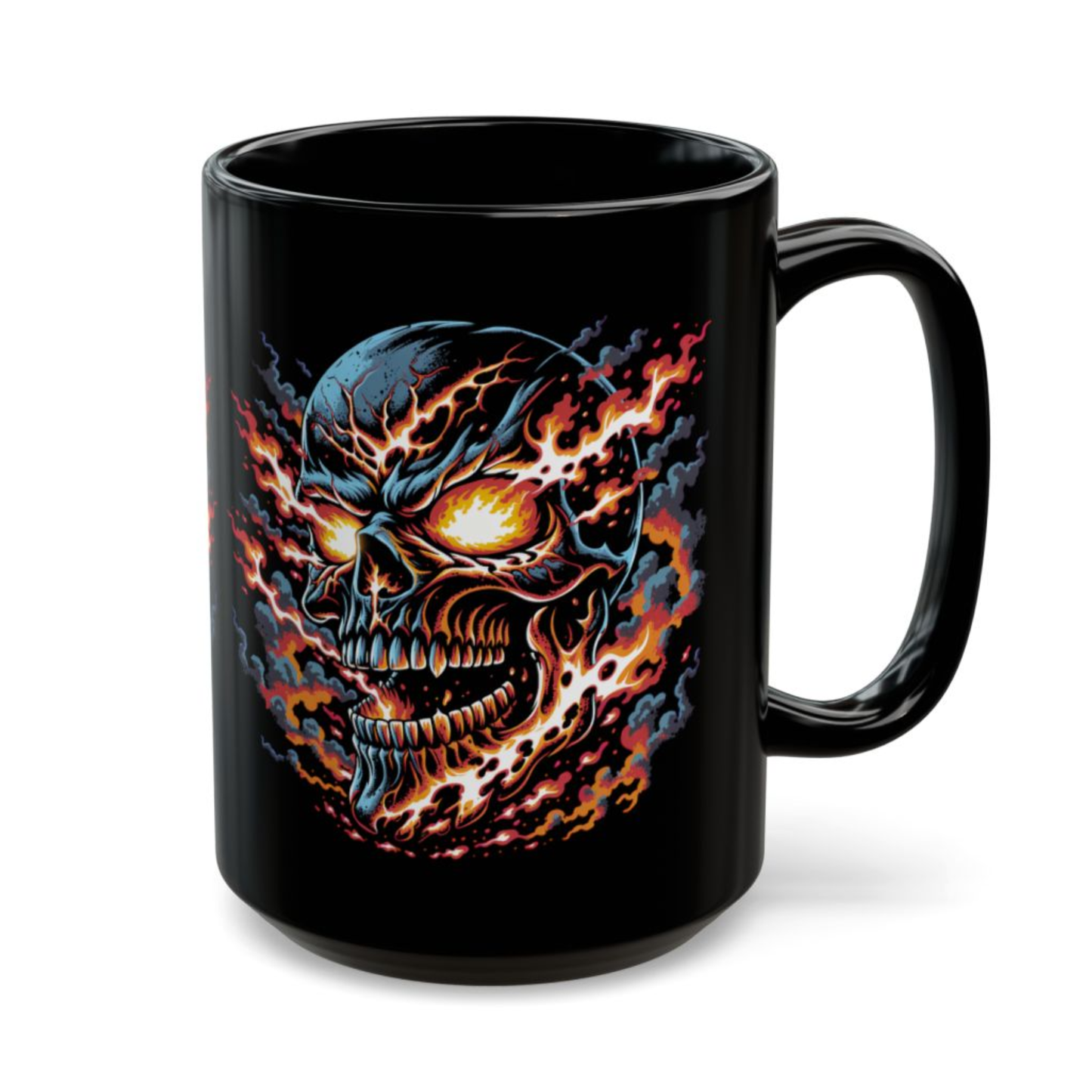 Skull Coffee Mug Flaming Fire Design Black Ceramic 15oz Gothic Horror Cup by Lair Gadgets