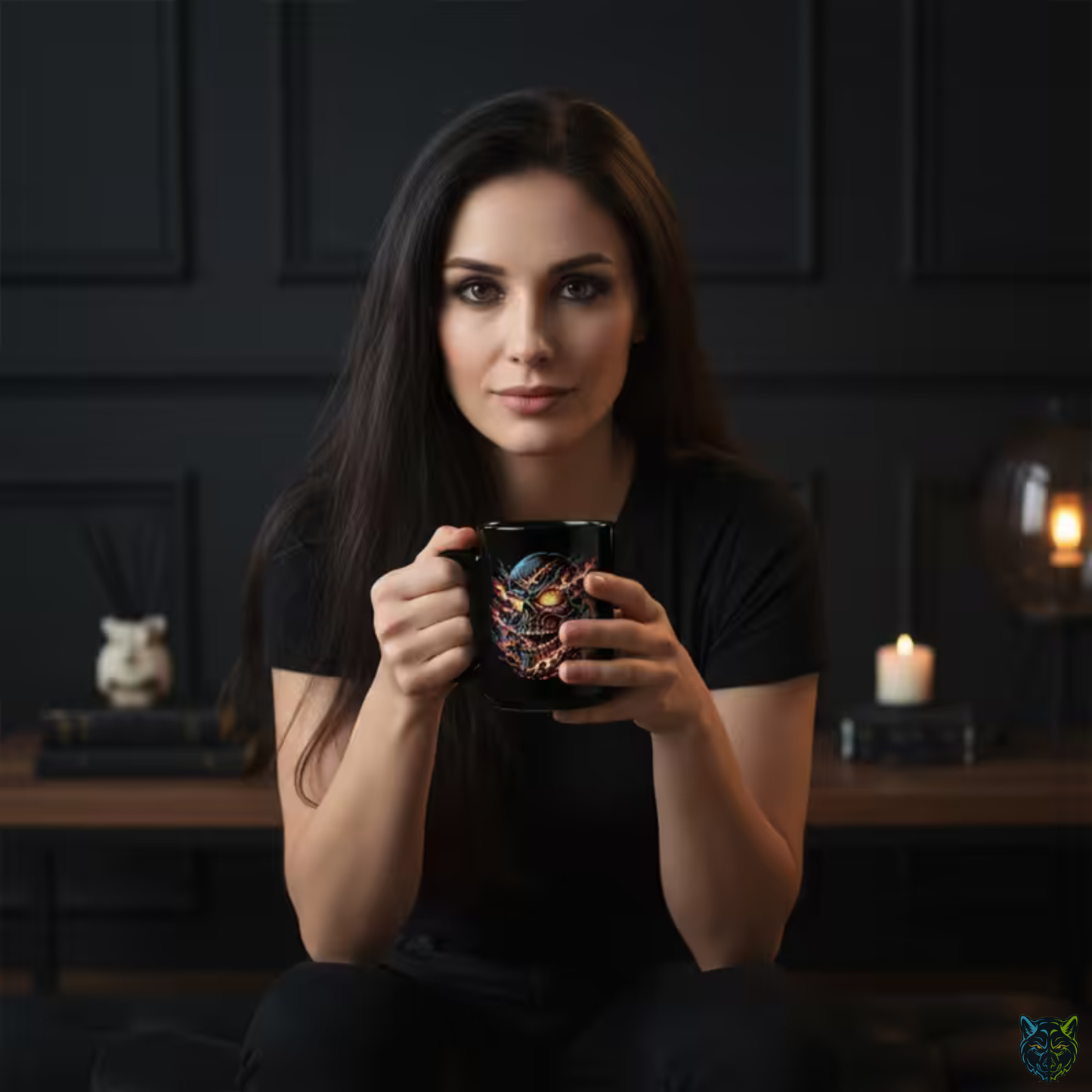 Skull Coffee Mug Flaming Fire Design Black Ceramic 15oz Gothic Horror Cup by Lair Gadgets
