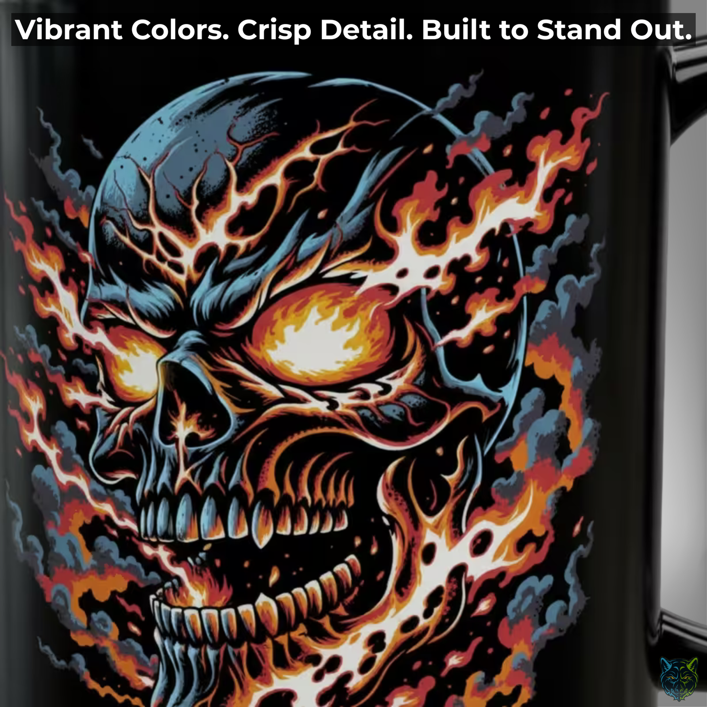 Skull Coffee Mug Flaming Fire Design Black Ceramic 15oz Gothic Horror Cup by Lair Gadgets