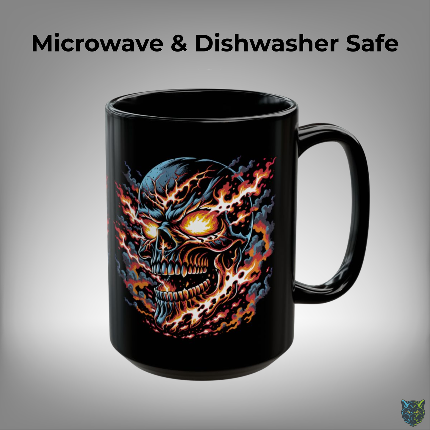 Skull Coffee Mug Flaming Fire Design Black Ceramic 15oz Gothic Horror Cup by Lair Gadgets