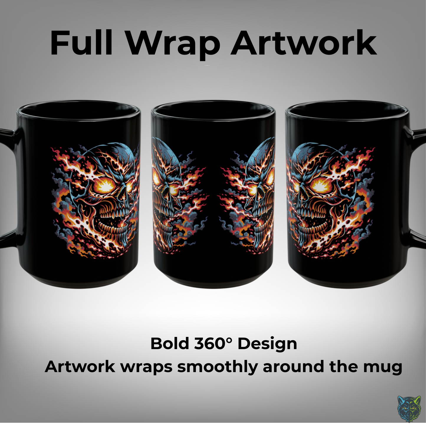 Skull Coffee Mug Flaming Fire Design Black Ceramic 15oz Gothic Horror Cup by Lair Gadgets