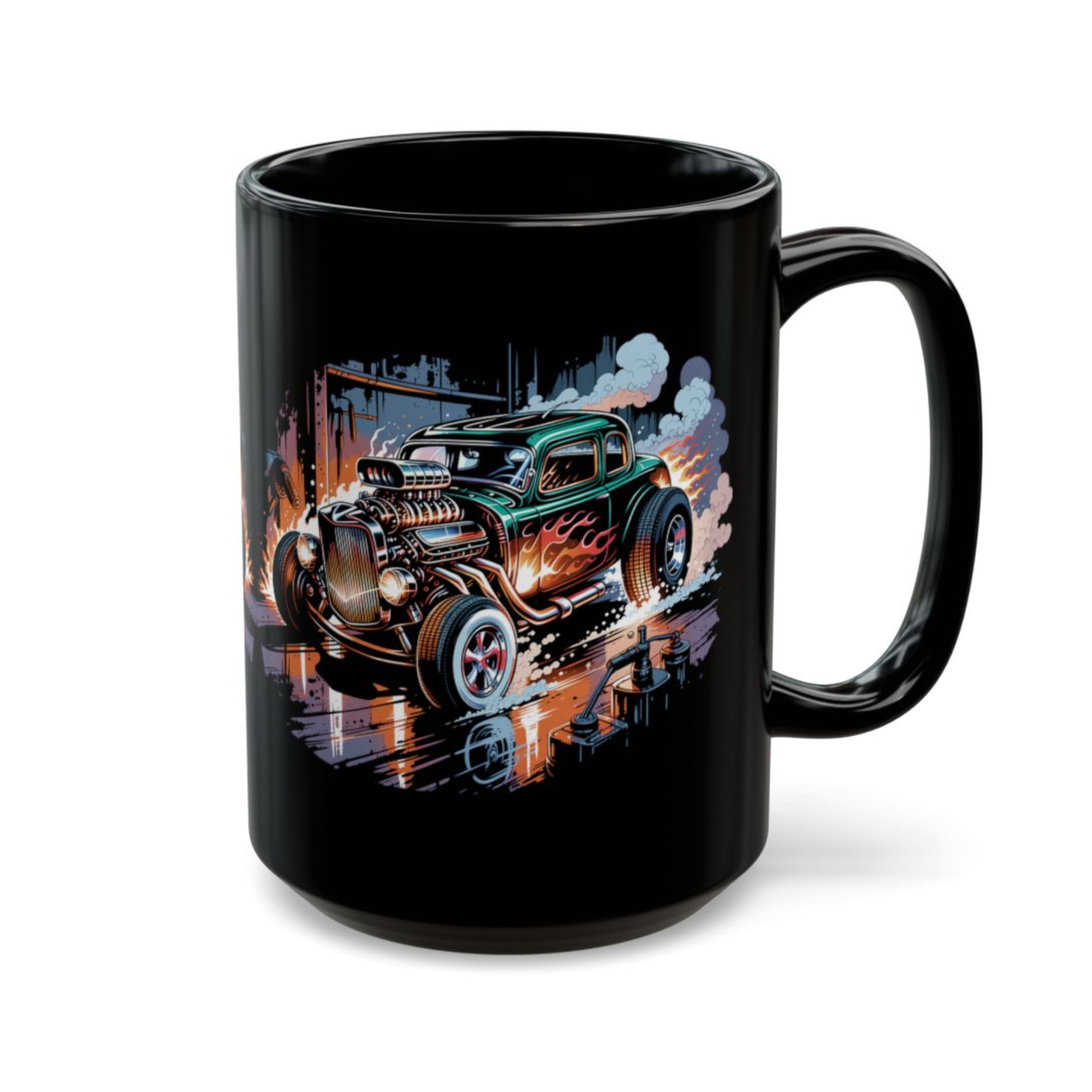 Hot Rod Coffee Mug Classic Car Flame Design Black Ceramic 15oz Garage Gift by Lair Gadgets