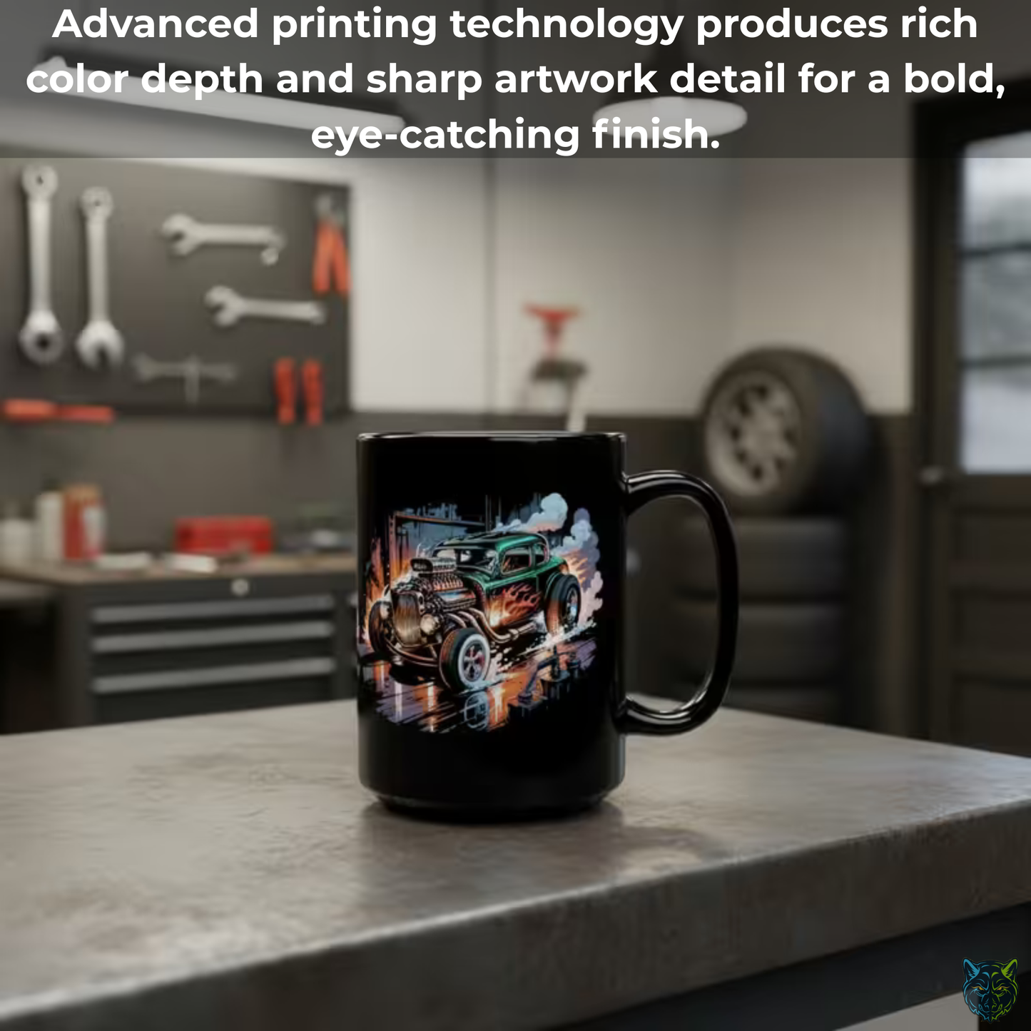 Hot Rod Coffee Mug Classic Car Flame Design Black Ceramic 15oz Garage Gift by Lair Gadgets