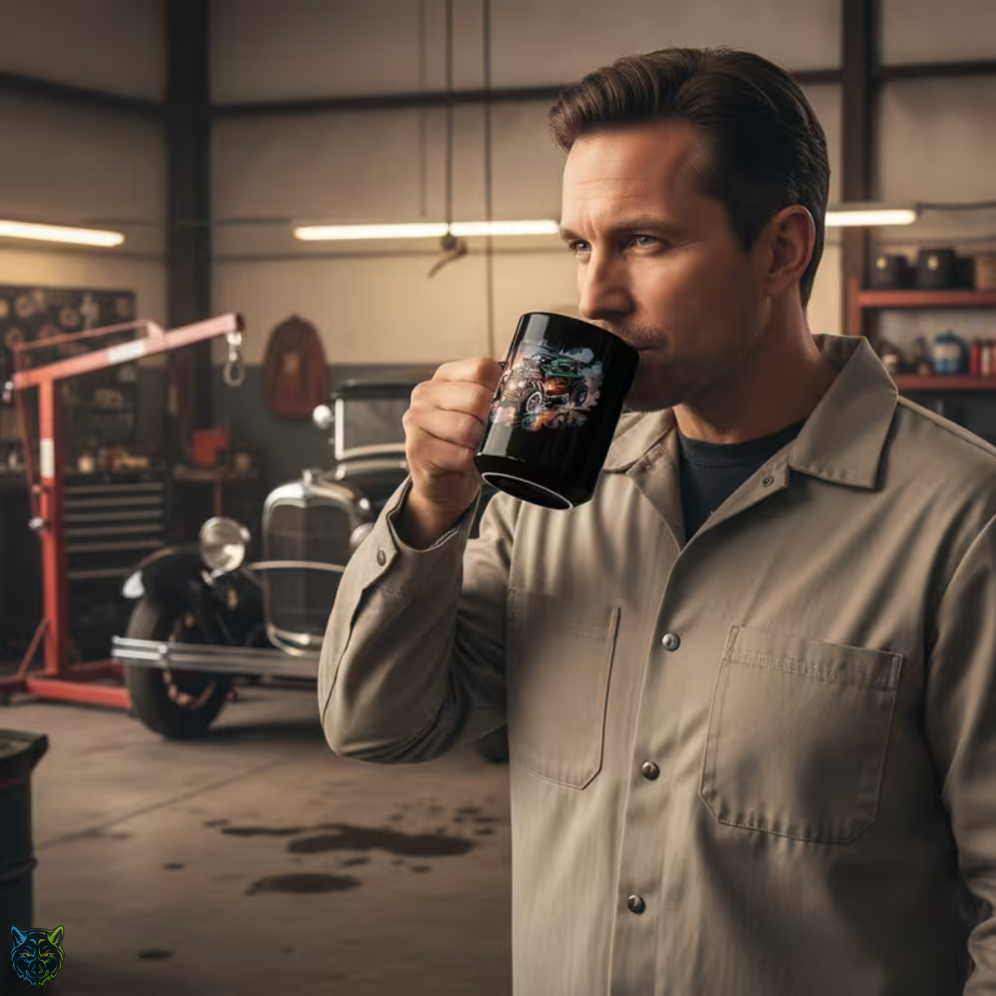 Hot Rod Coffee Mug Classic Car Flame Design Black Ceramic 15oz Garage Gift by Lair Gadgets