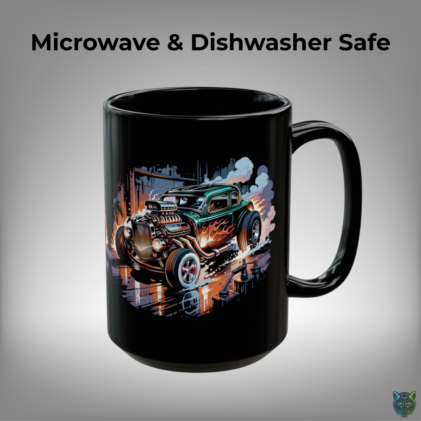 Hot Rod Coffee Mug Classic Car Flame Design Black Ceramic 15oz Garage Gift by Lair Gadgets