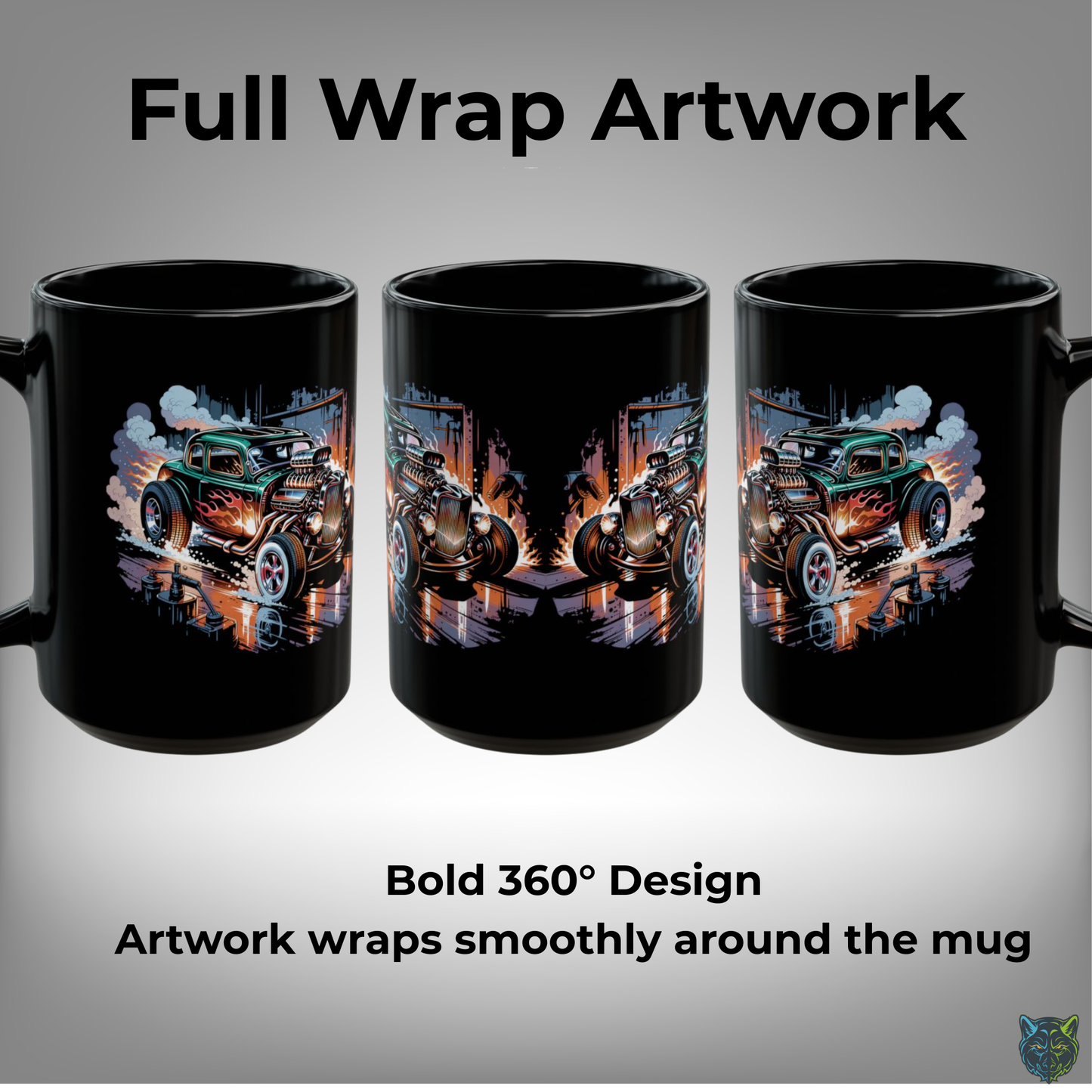 Hot Rod Coffee Mug Classic Car Flame Design Black Ceramic 15oz Garage Gift by Lair Gadgets