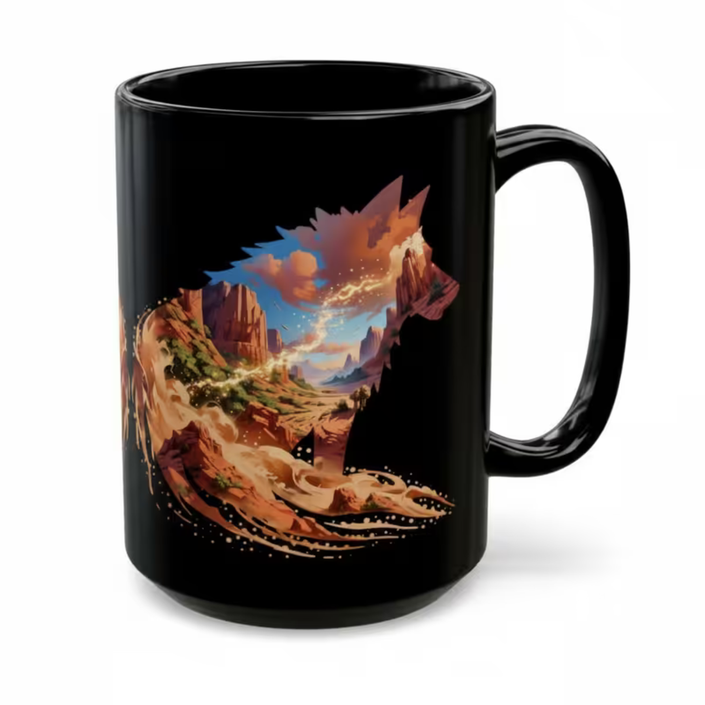 Wolf Coffee Mug Desert Canyon Silhouette Design Black Ceramic 15oz Nature Gift by Lair Gadgets