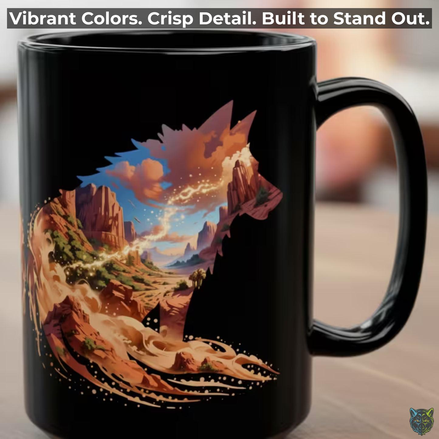 Wolf Coffee Mug Desert Canyon Silhouette Design Black Ceramic 15oz Nature Gift by Lair Gadgets