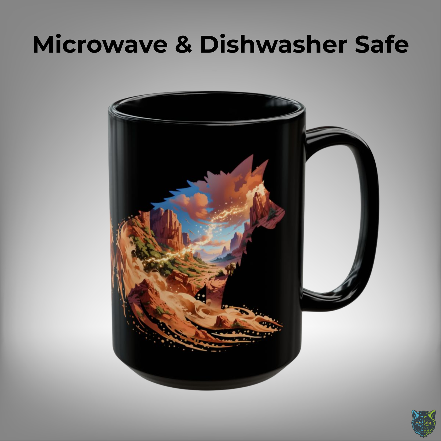 Wolf Coffee Mug Desert Canyon Silhouette Design Black Ceramic 15oz Nature Gift by Lair Gadgets