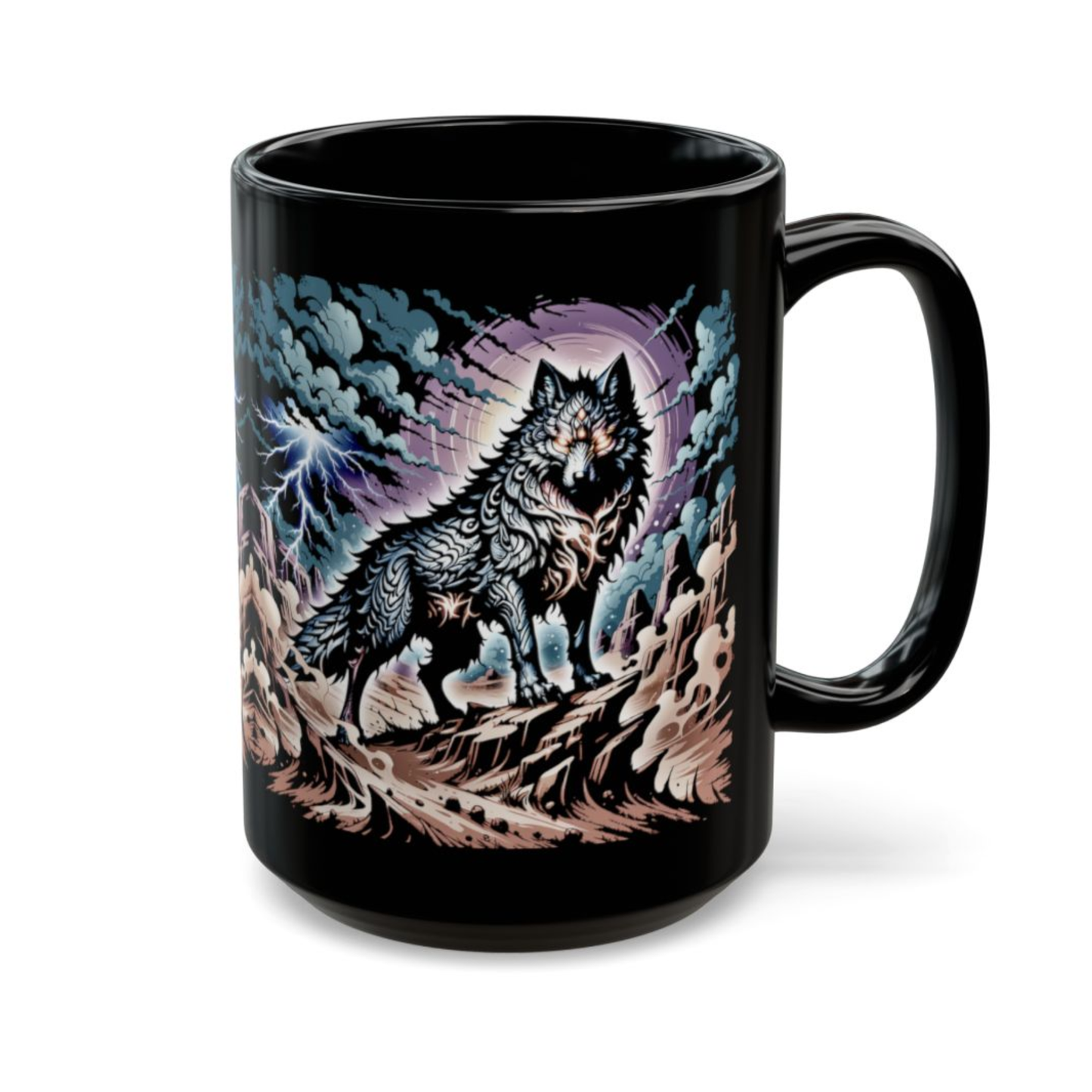 Wolf Coffee Mug Storm Lightning Design Black Ceramic 15oz Wildlife Gift by Lair Gadgets