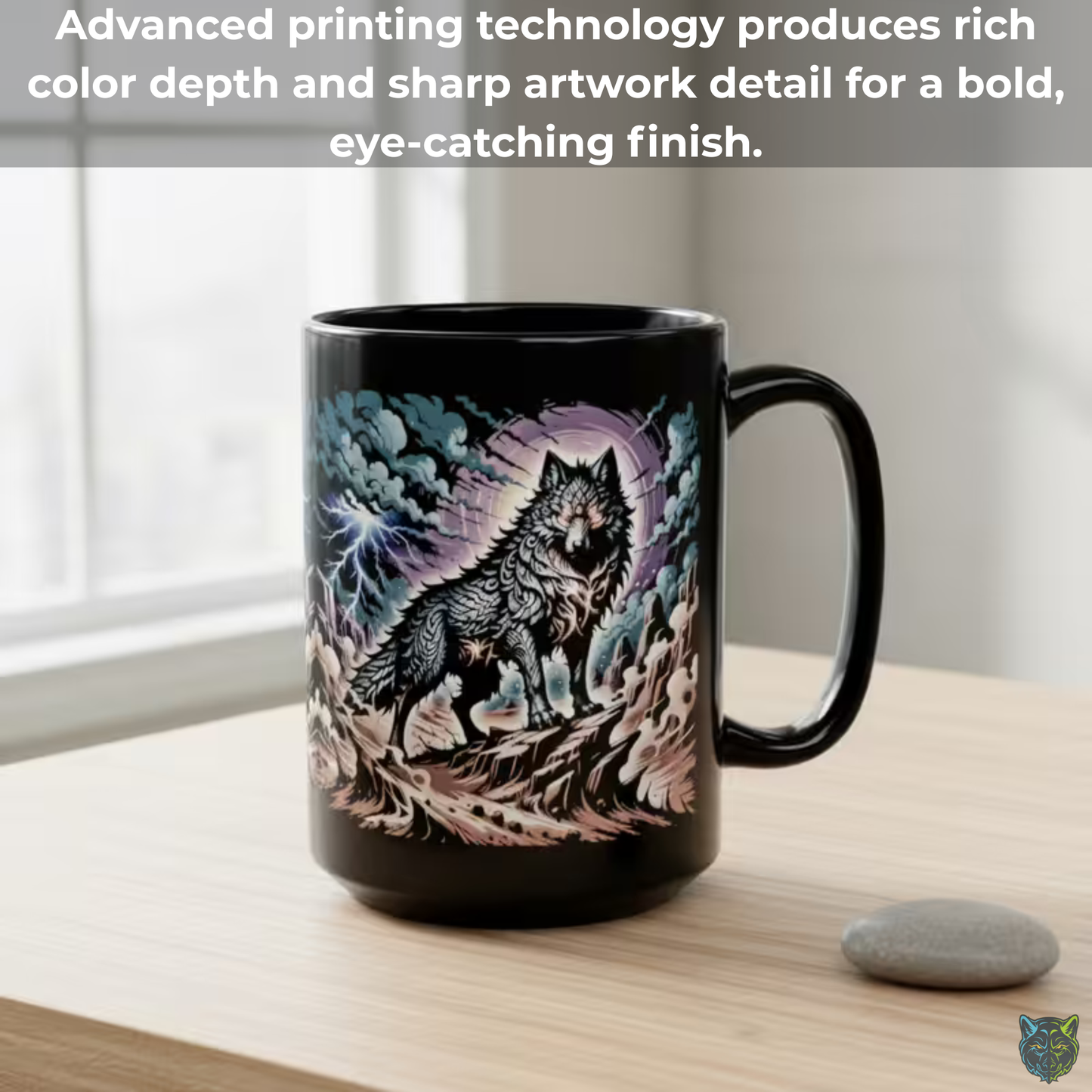 Wolf Coffee Mug Storm Lightning Design Black Ceramic 15oz Wildlife Gift by Lair Gadgets