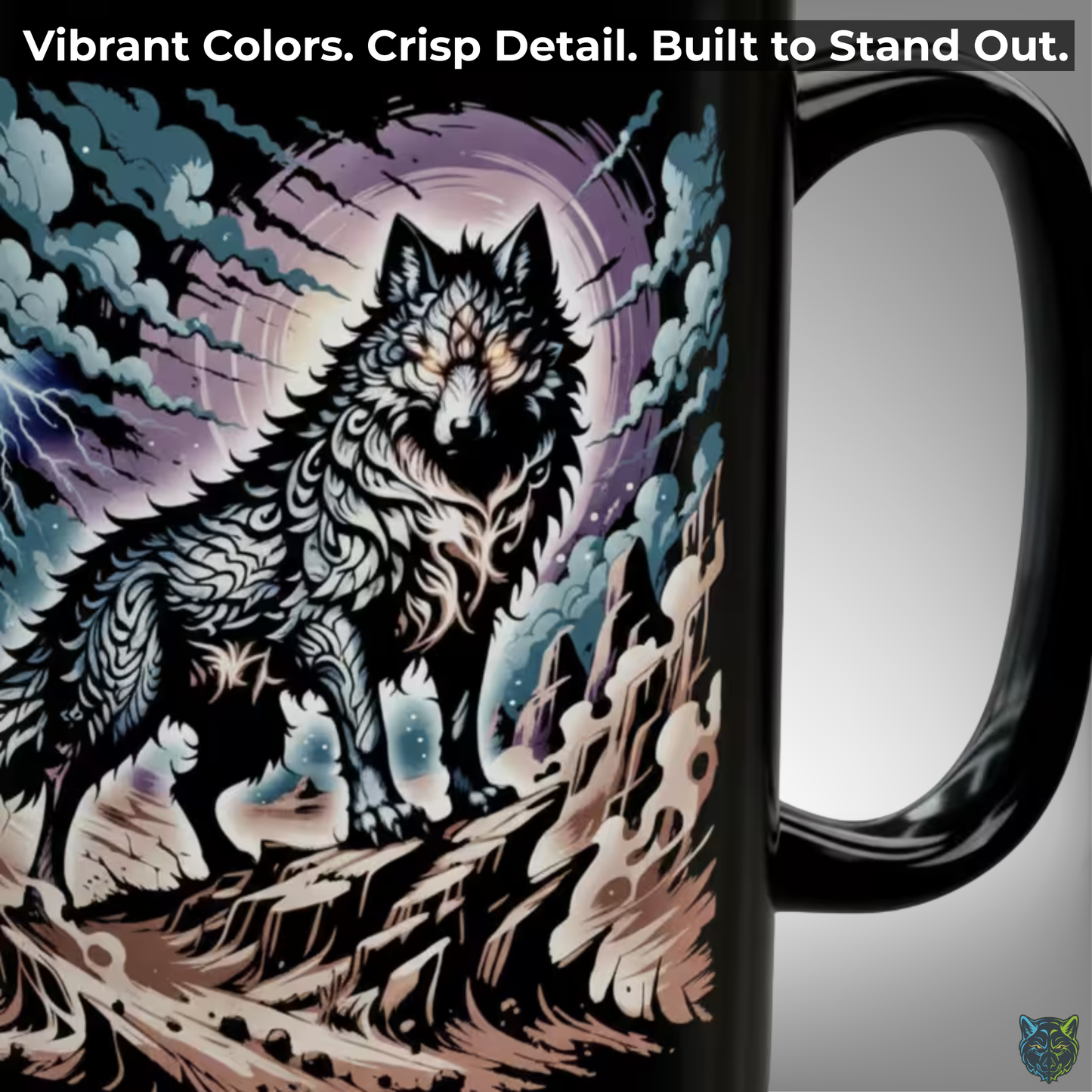 Wolf Coffee Mug Storm Lightning Design Black Ceramic 15oz Wildlife Gift by Lair Gadgets