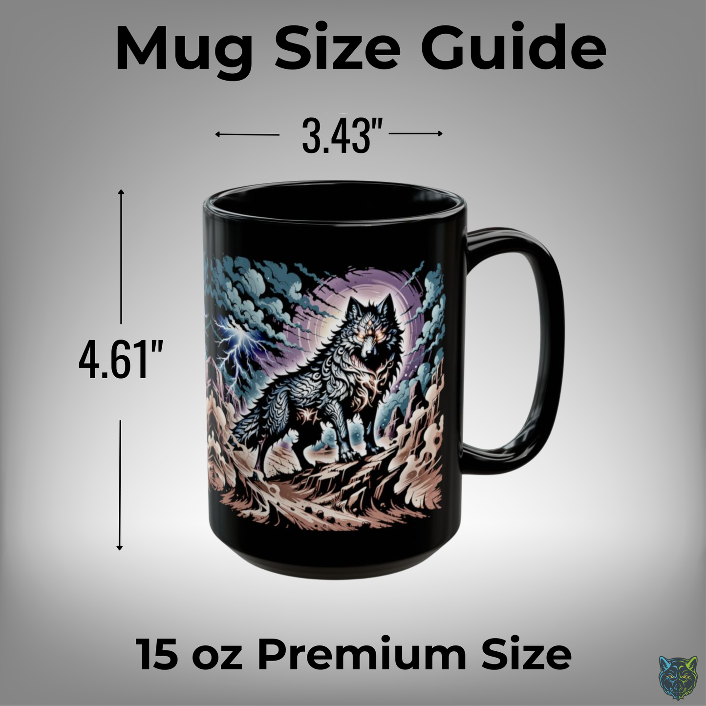 Wolf Coffee Mug Storm Lightning Design Black Ceramic 15oz Wildlife Gift by Lair Gadgets
