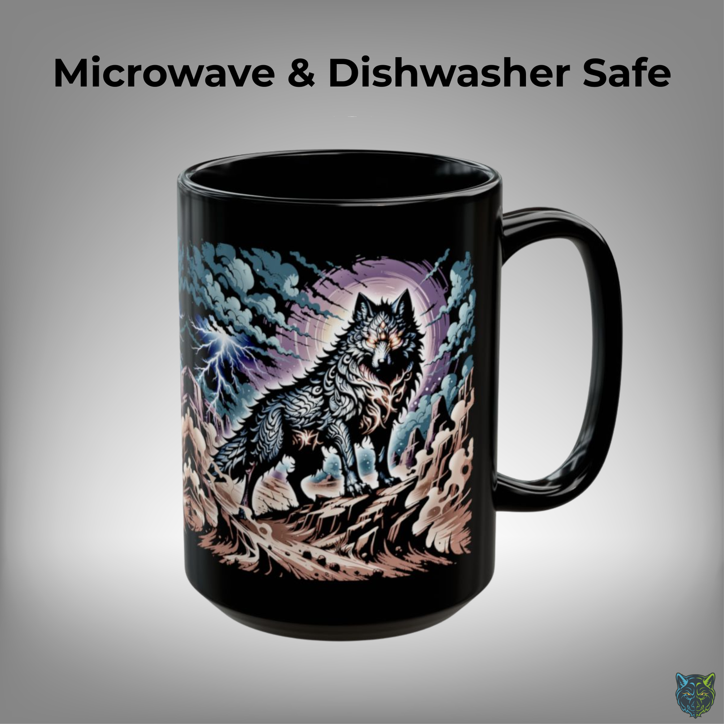 Wolf Coffee Mug Storm Lightning Design Black Ceramic 15oz Wildlife Gift by Lair Gadgets