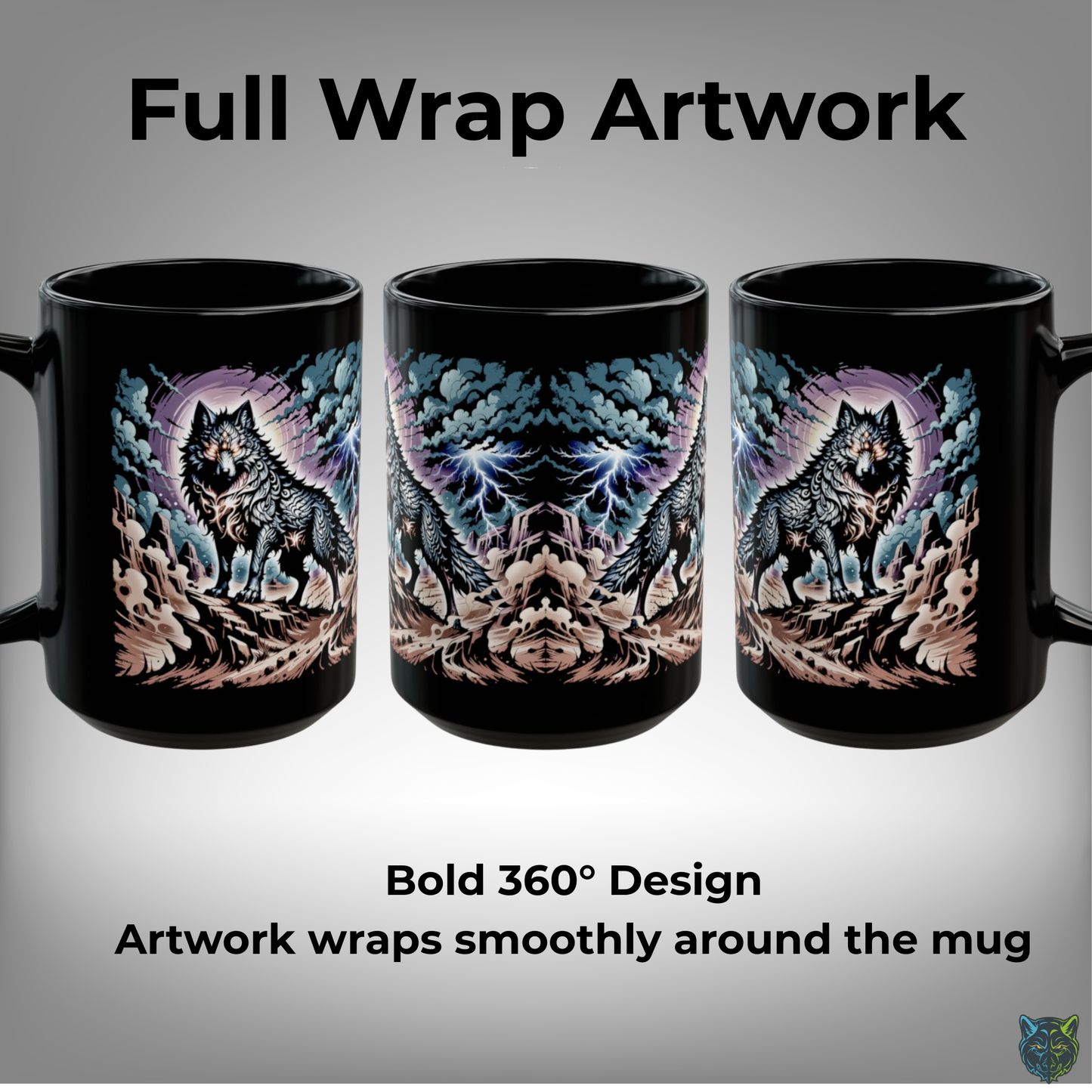 Wolf Coffee Mug Storm Lightning Design Black Ceramic 15oz Wildlife Gift by Lair Gadgets