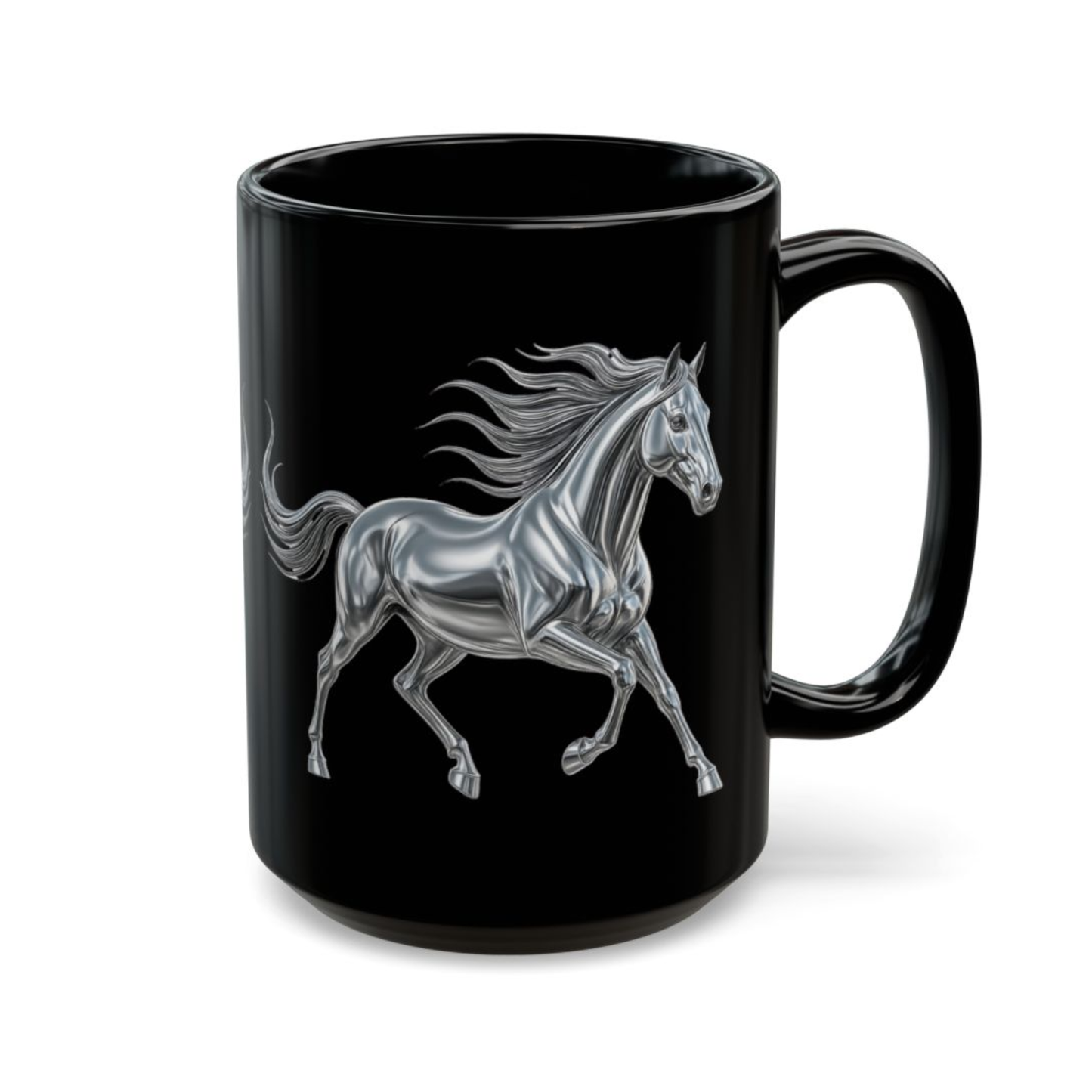 Horse Coffee Mug Chrome Stallion Design Black Ceramic 15oz Equestrian Gift by Lair Gadgets