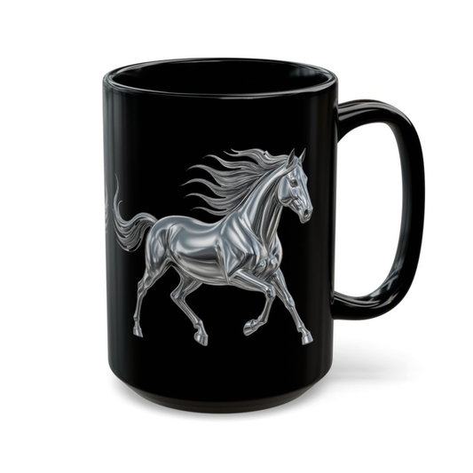 Horse Coffee Mug Chrome Stallion Design Black Ceramic 15oz Equestrian Gift by Lair Gadgets