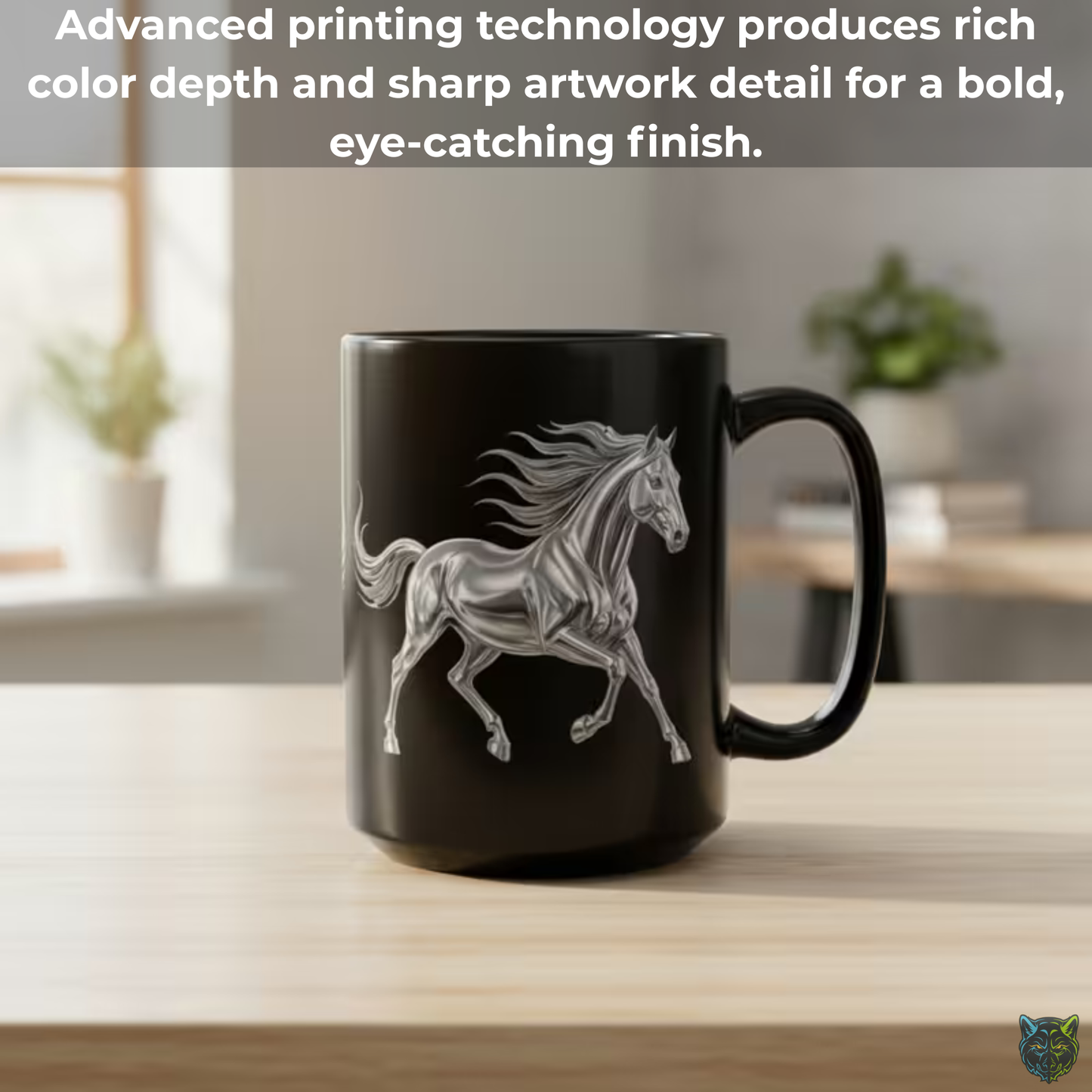 Horse Coffee Mug Chrome Stallion Design Black Ceramic 15oz Equestrian Gift by Lair Gadgets