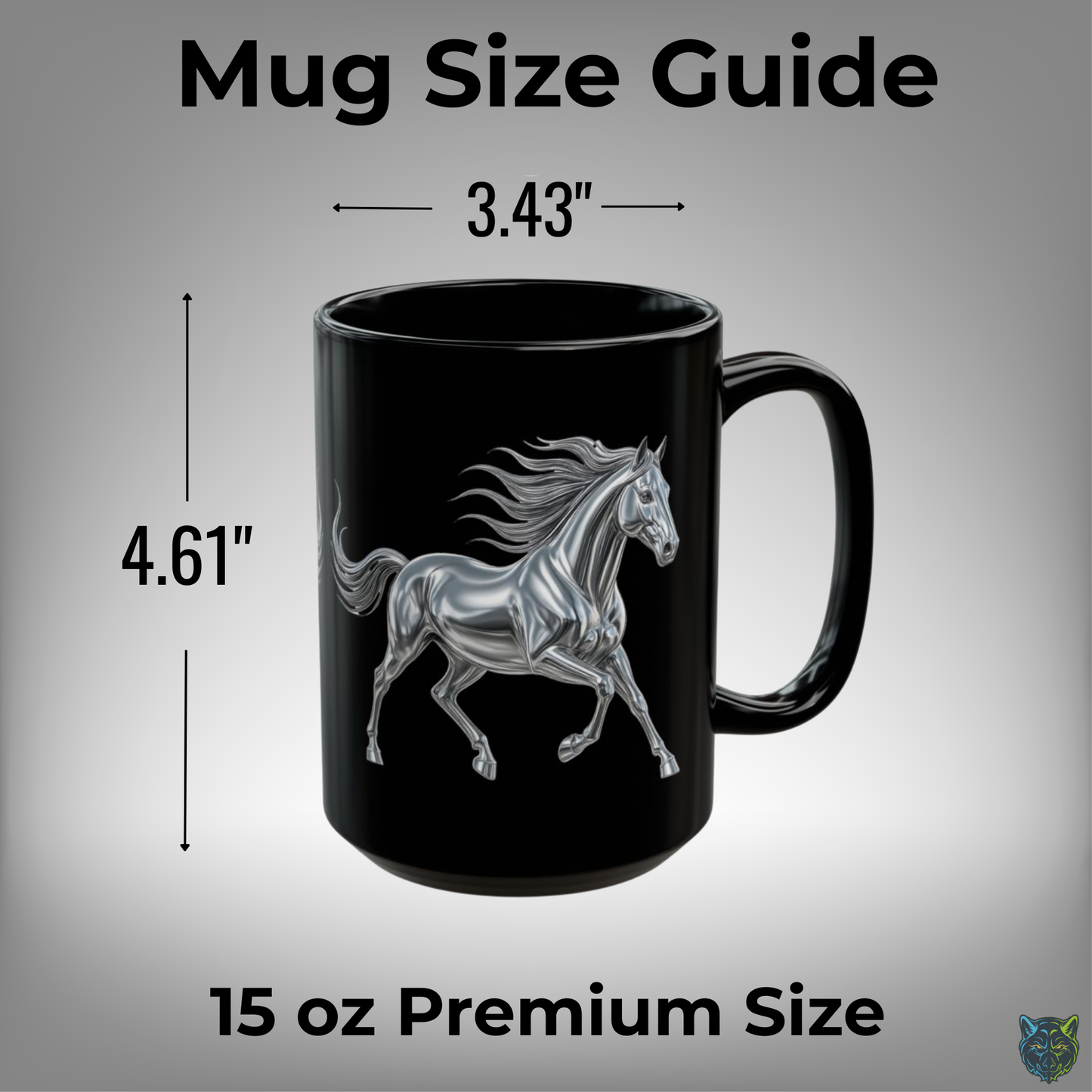 Horse Coffee Mug Chrome Stallion Design Black Ceramic 15oz Equestrian Gift by Lair Gadgets