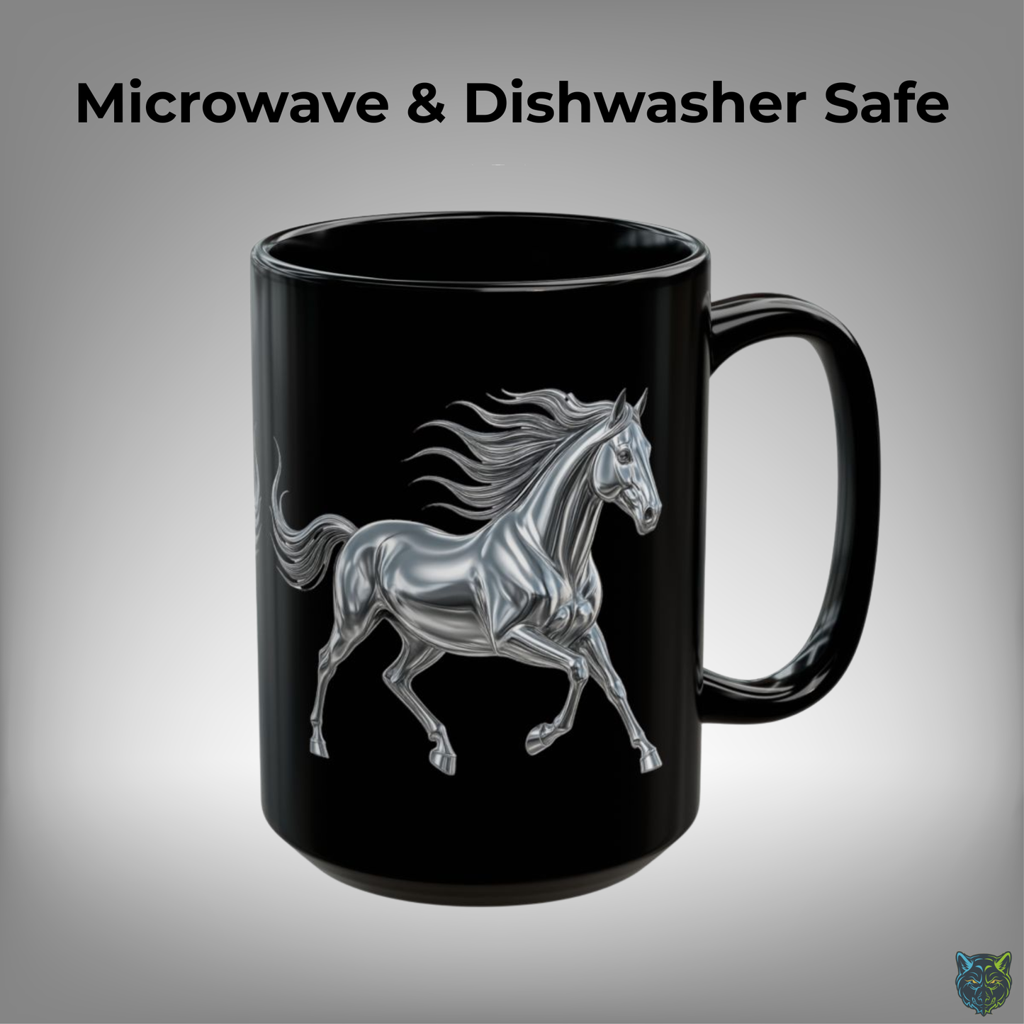 Horse Coffee Mug Chrome Stallion Design Black Ceramic 15oz Equestrian Gift by Lair Gadgets