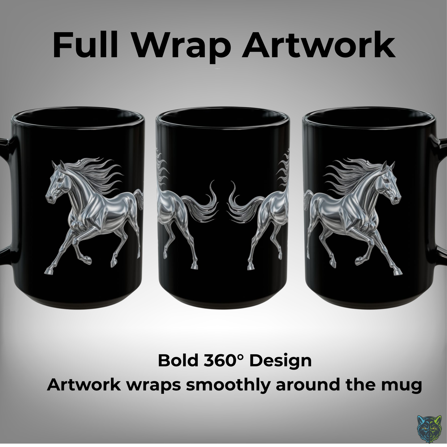 Horse Coffee Mug Chrome Stallion Design Black Ceramic 15oz Equestrian Gift by Lair Gadgets