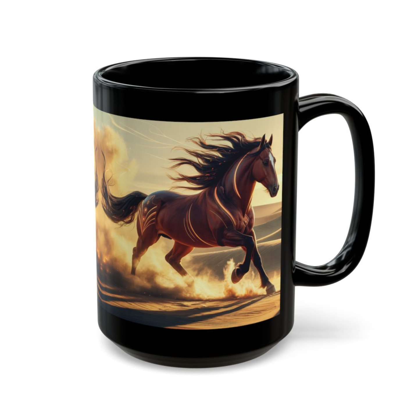 Horse Coffee Mug Running Desert Horse Design Black Ceramic 15oz Equestrian Gift by Lair Gadgets