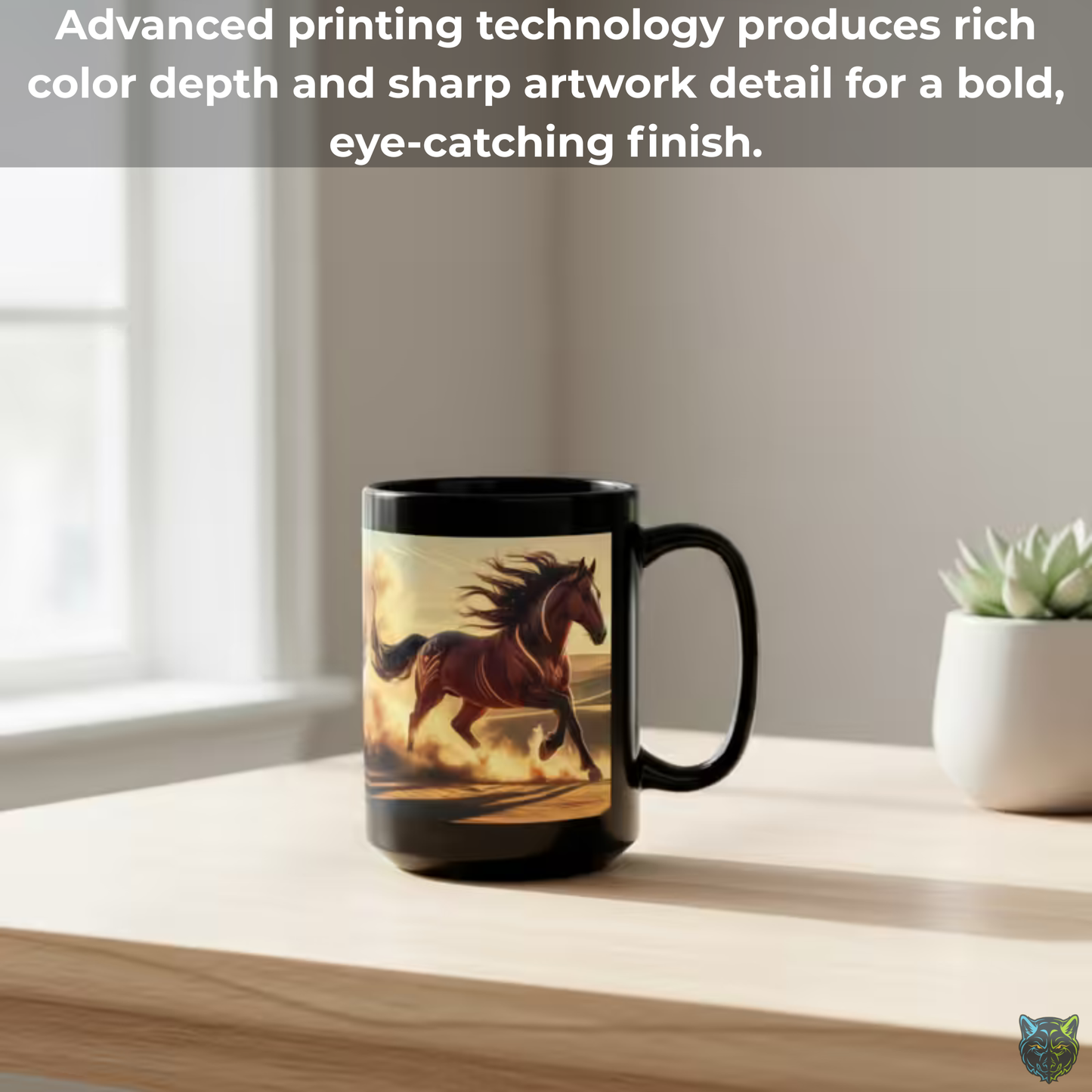 Horse Coffee Mug Running Desert Horse Design Black Ceramic 15oz Equestrian Gift by Lair Gadgets
