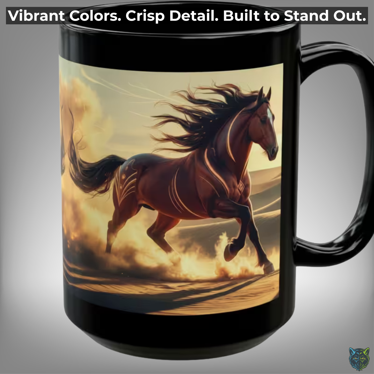 Horse Coffee Mug Running Desert Horse Design Black Ceramic 15oz Equestrian Gift by Lair Gadgets