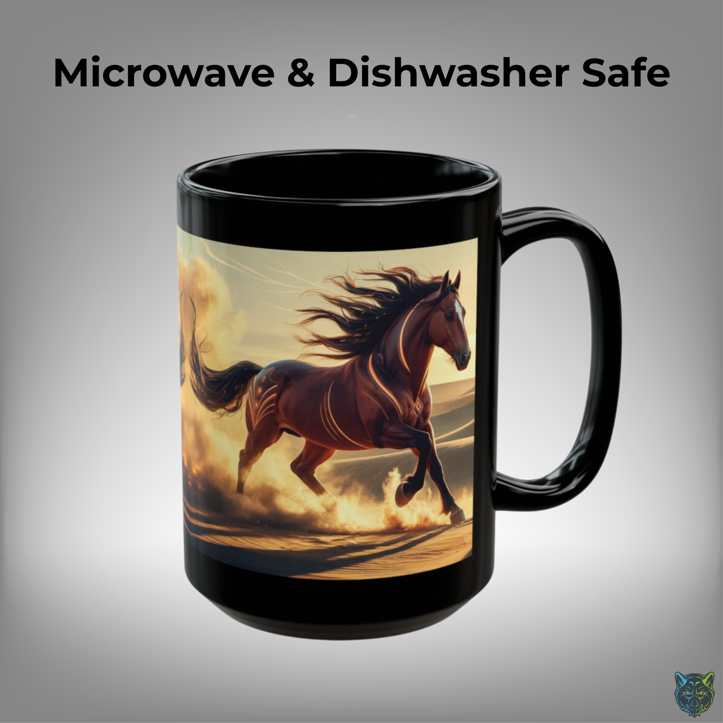 Horse Coffee Mug Running Desert Horse Design Black Ceramic 15oz Equestrian Gift by Lair Gadgets