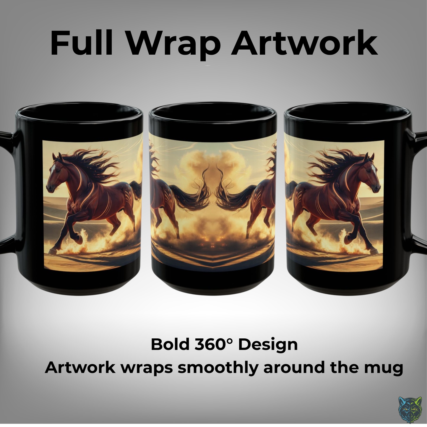Horse Coffee Mug Running Desert Horse Design Black Ceramic 15oz Equestrian Gift by Lair Gadgets