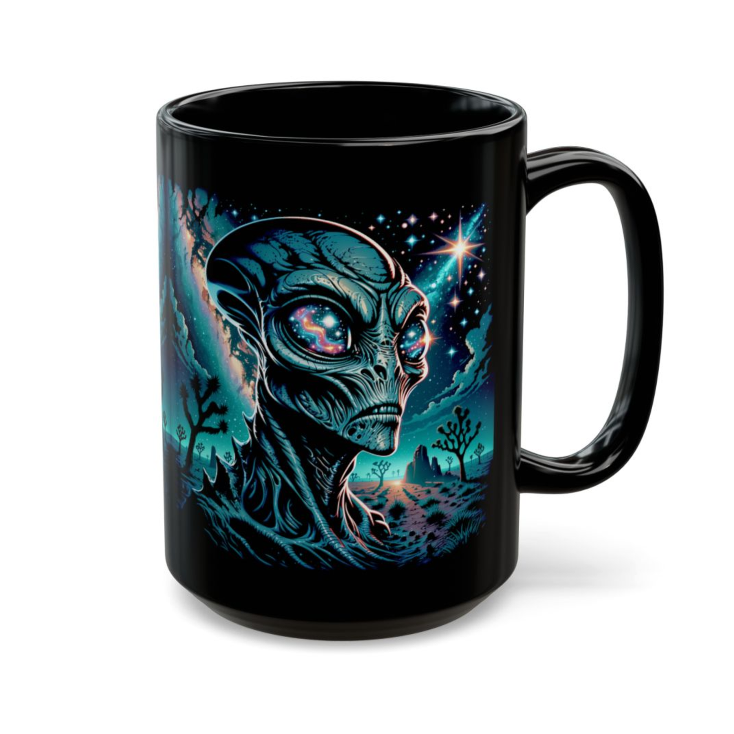 Alien Coffee Mug Cosmic Alien Head Design Black Ceramic 15oz Sci Fi Gift by Lair Gadgets