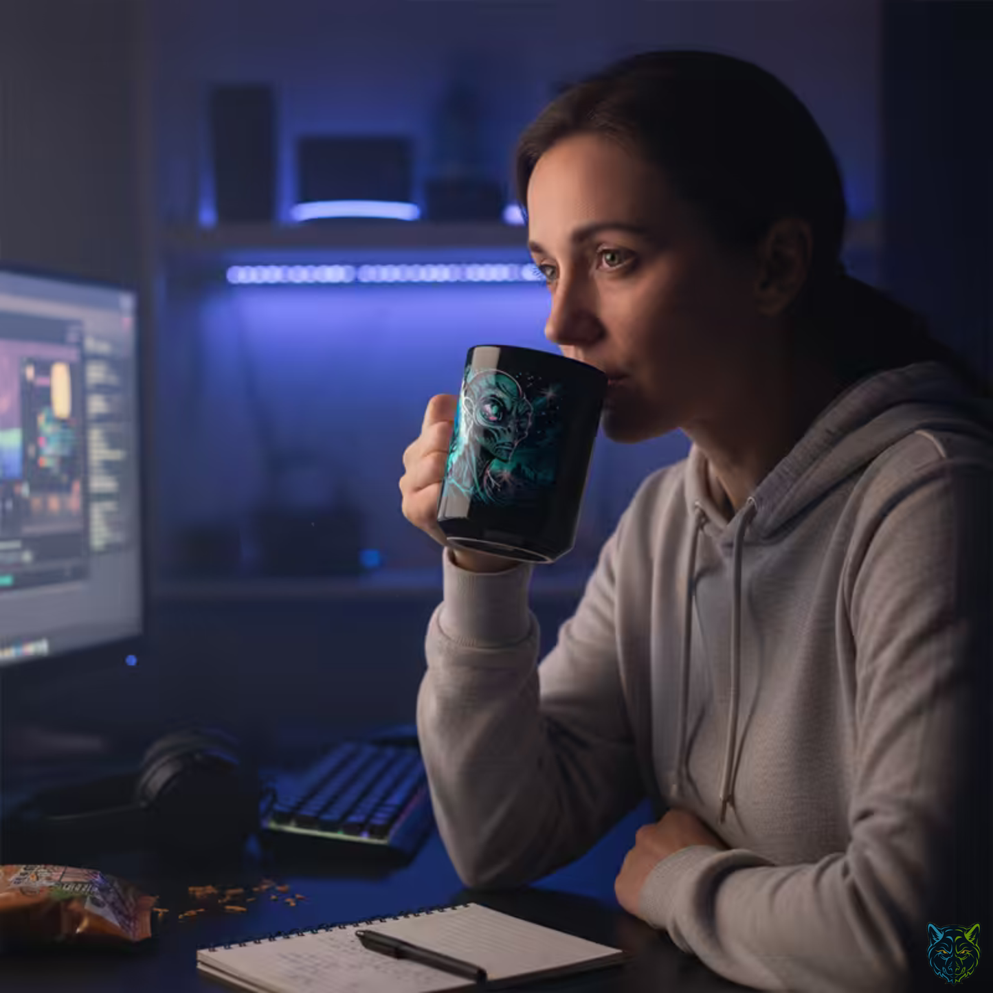 Alien Coffee Mug Cosmic Alien Head Design Black Ceramic 15oz Sci Fi Gift by Lair Gadgets